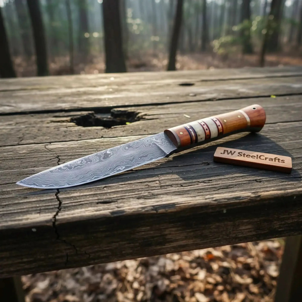 10 Inch Damascus Steel Hunting Knife with Stacked Wood Handle | JW SteelCrafts