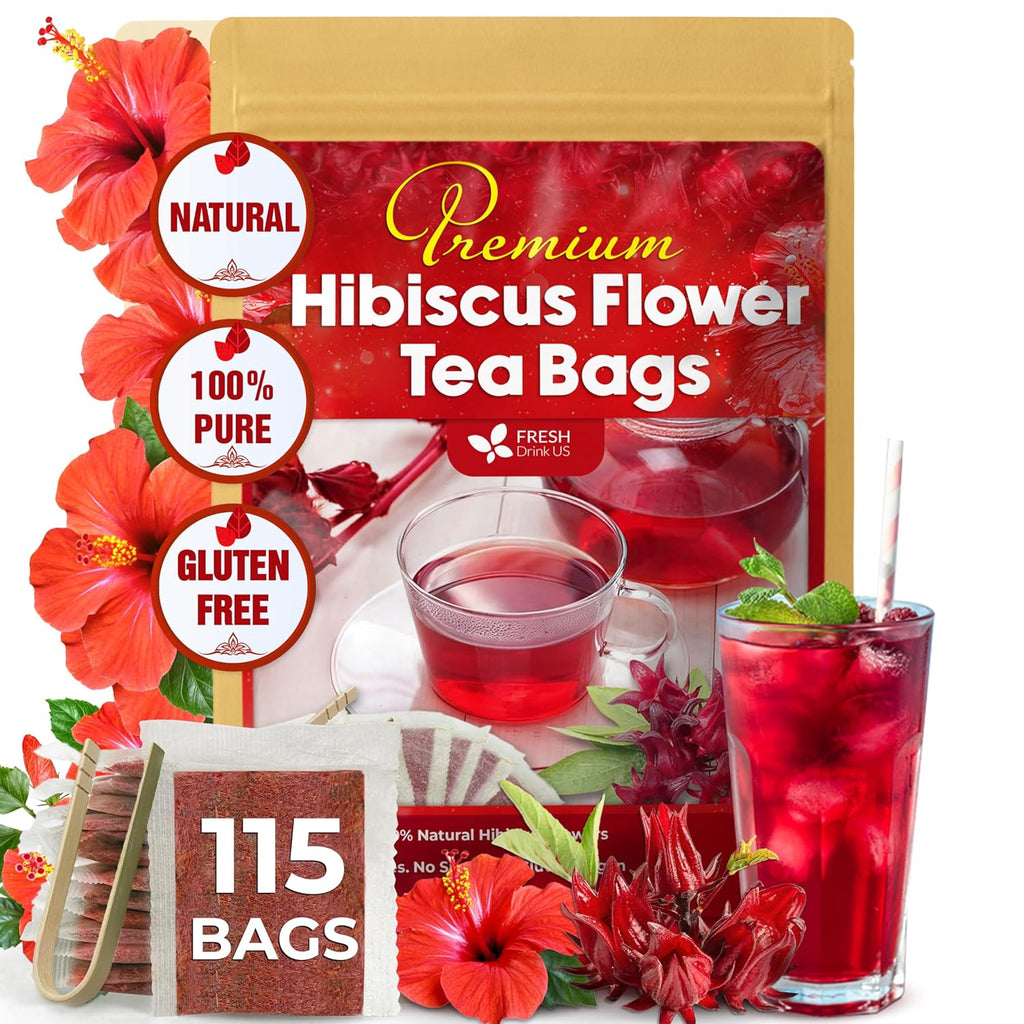 Hibiscus Dried Flowers, Tea Bags, 100% Natural, Pure from Hibiscus Flowers. Loose Flower Hibiscus Herbal Tea. Hibiscus Flower Tea. No Sugar, No Caffeine, No Gluten, Vegan.