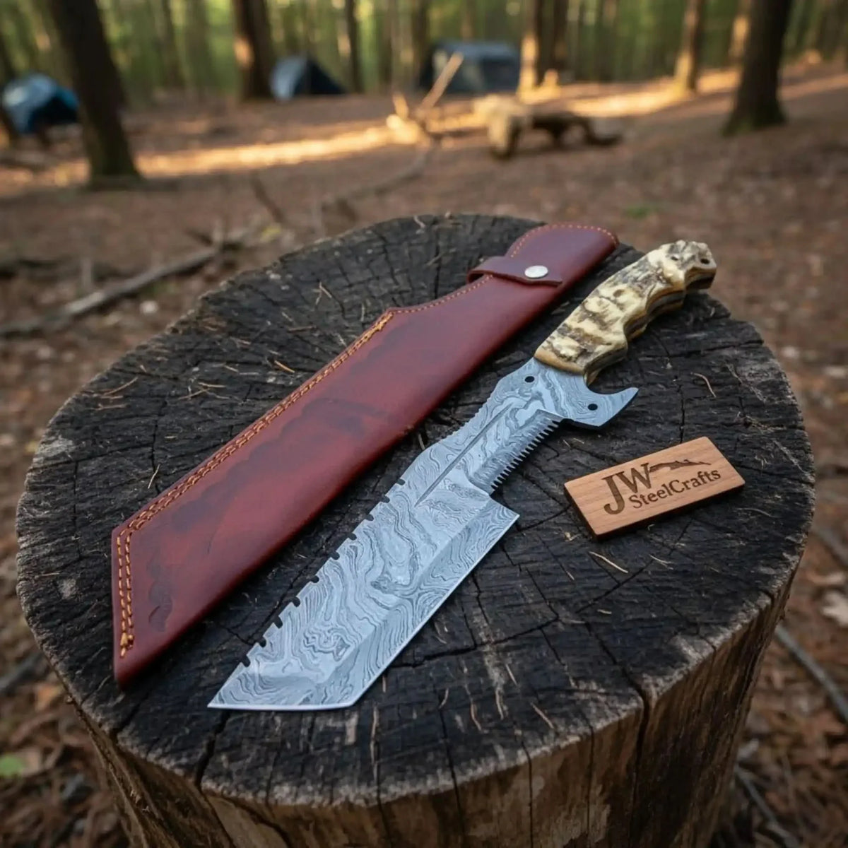 12.5" Full Tang Damascus Camotrail Tracker Knife Ram's Horn Leather Sheath