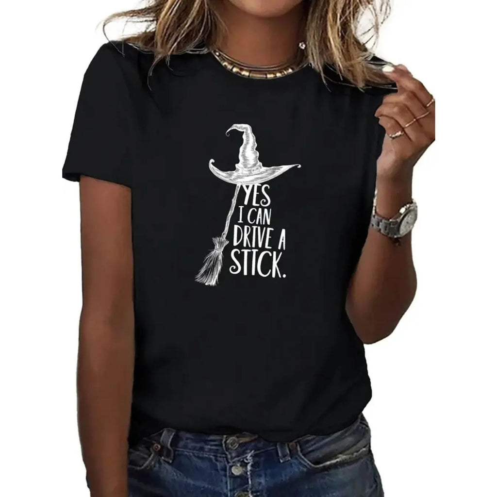 "Yes I Can Drive a Stick" Witch T-Shirt - Funny Halloween Graphic Tee, Women's All-Season Apparel