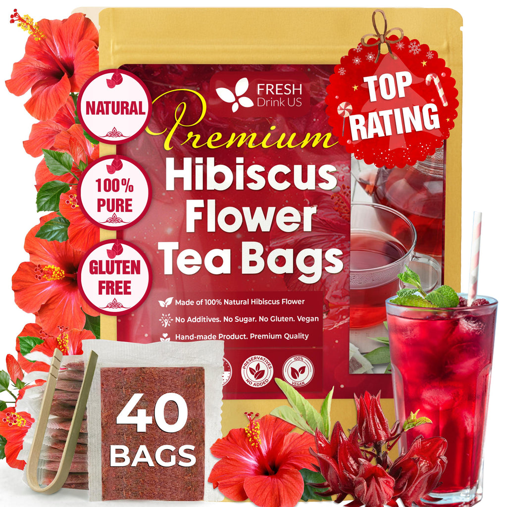 Hibiscus Dried Flowers, Tea Bags, 100% Natural, Pure from Hibiscus Flowers. Loose Flower Hibiscus Herbal Tea. Hibiscus Flower Tea. No Sugar, No Caffeine, No Gluten, Vegan.