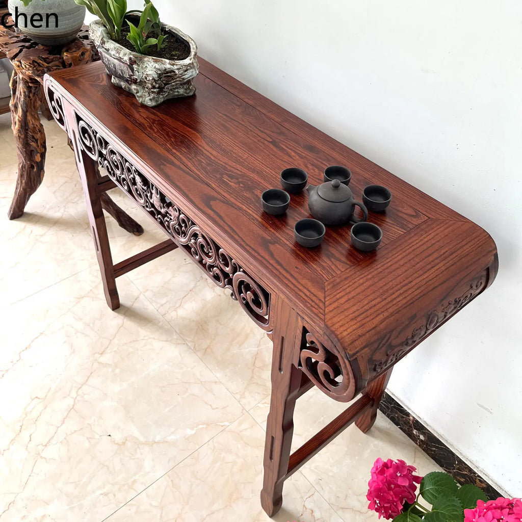 Solid Wood Guqin Console Table – Scroll-Head Altar Table
