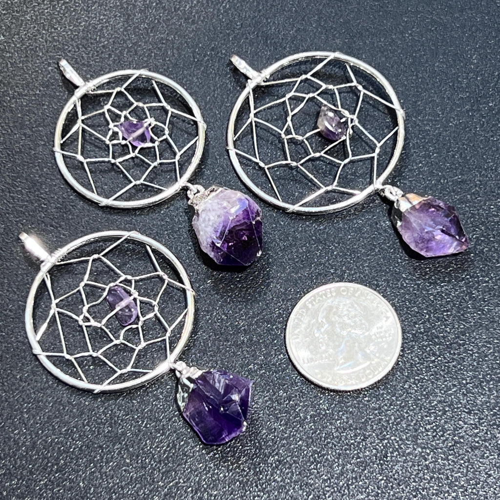 Dreamcatcher Pendant (Amethyst Crystal)(Silver Plated)