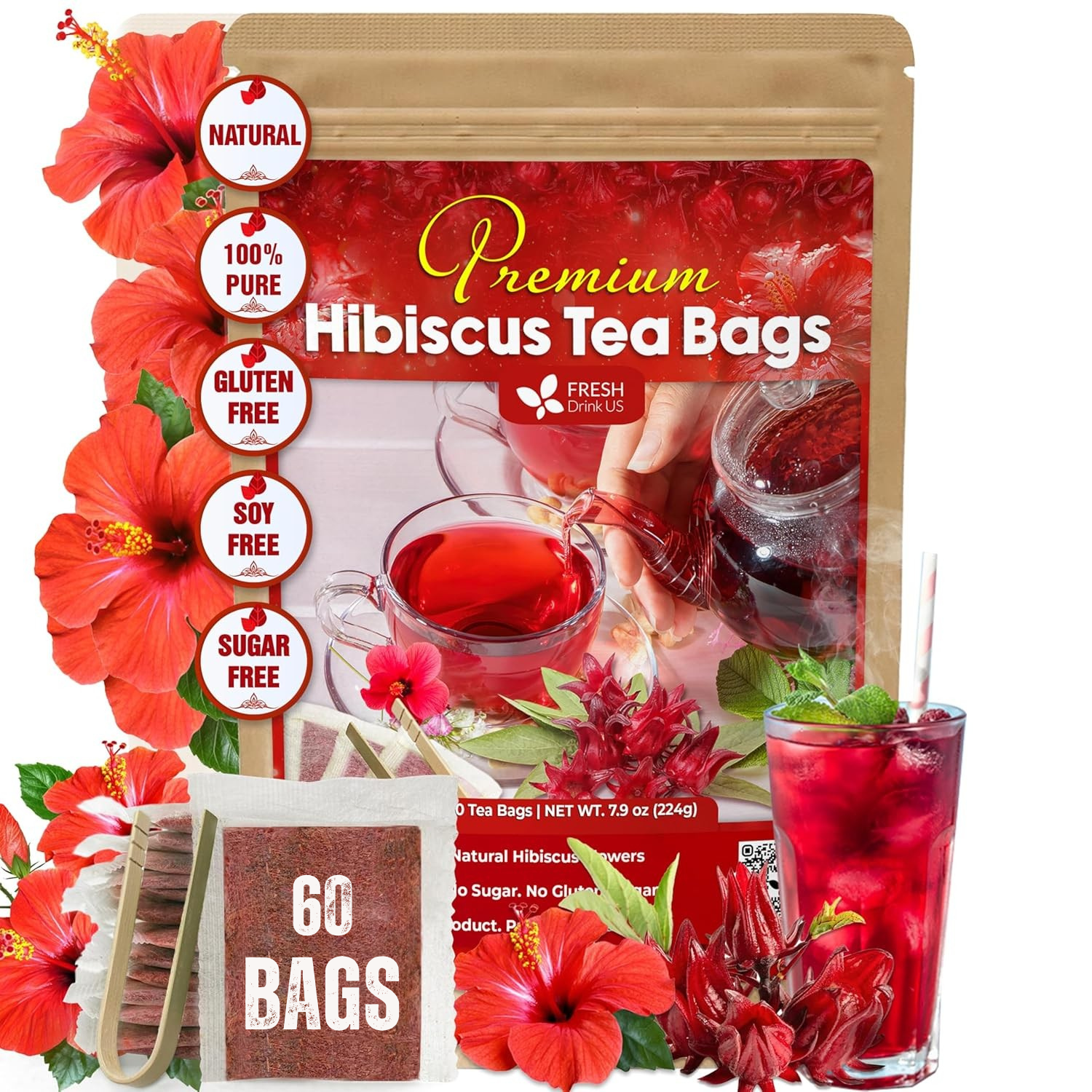 Hibiscus Dried Flowers, Tea Bags, 100% Natural, Pure from Hibiscus Flowers. Loose Flower Hibiscus Herbal Tea. Hibiscus Flower Tea. No Sugar, No Caffeine, No Gluten, Vegan.