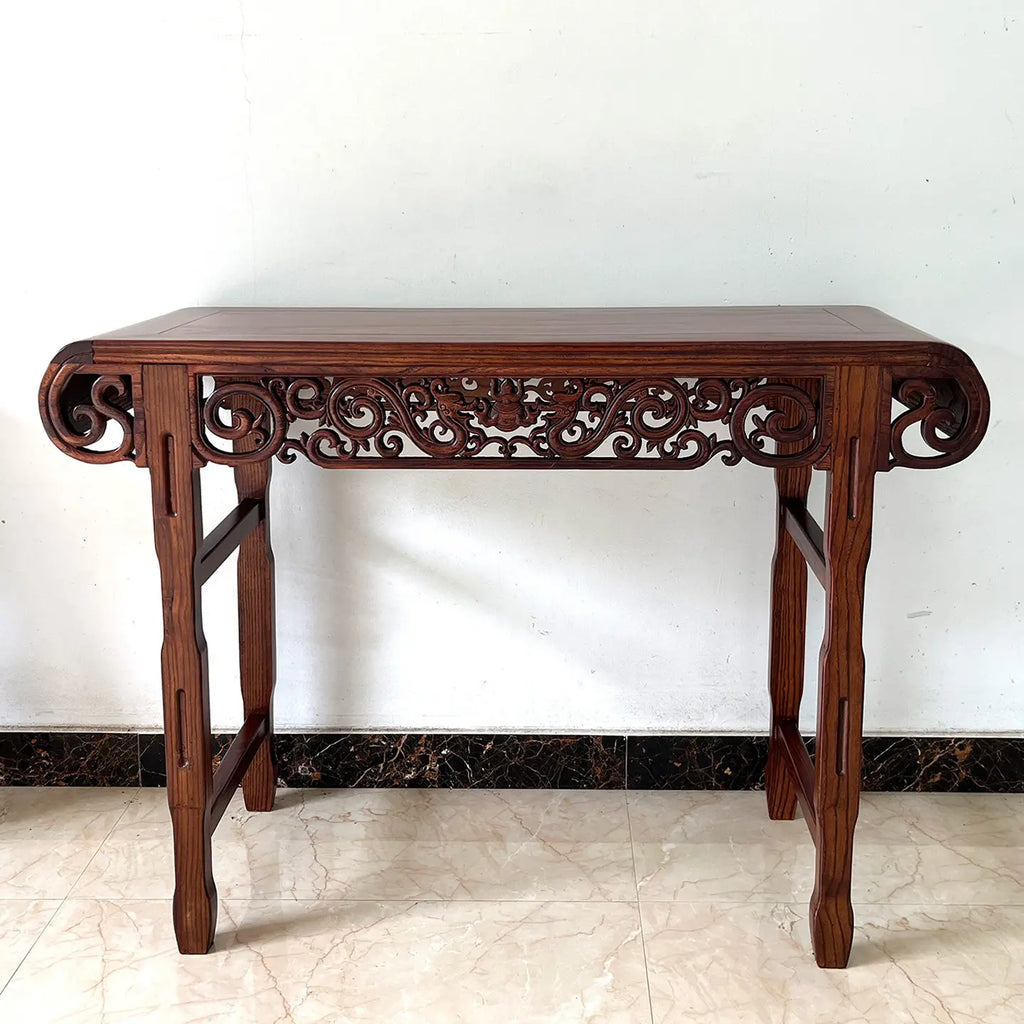 Solid Wood Guqin Console Table – Scroll-Head Altar Table