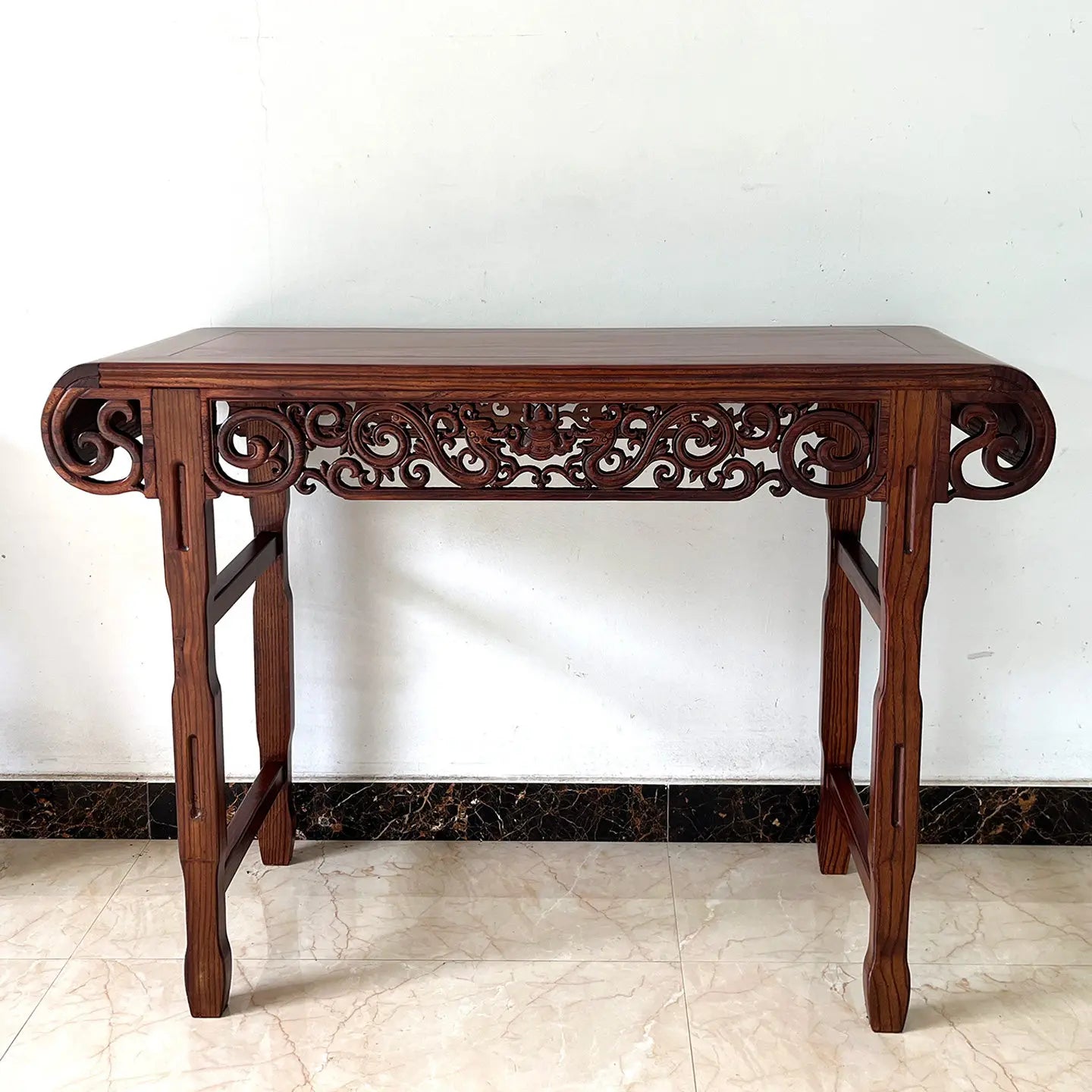 Solid Wood Guqin Console Table – Scroll-Head Altar Table