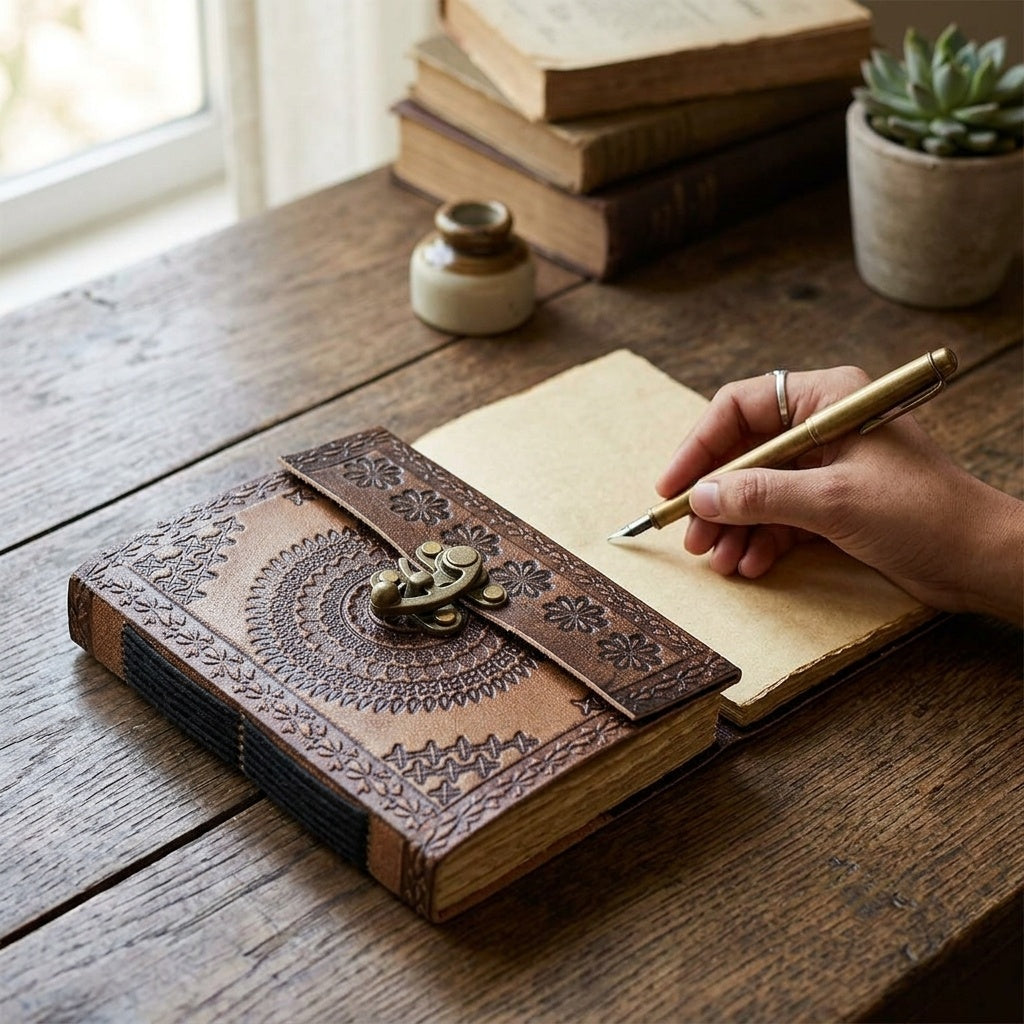 STORE INDYA Handmade Leather Bound Journal with Lock - Vintage Travel Diary | 192 Eco-Friendly Pages | Refillable Writing Notebook for Men & Women | 7x5 Inch
