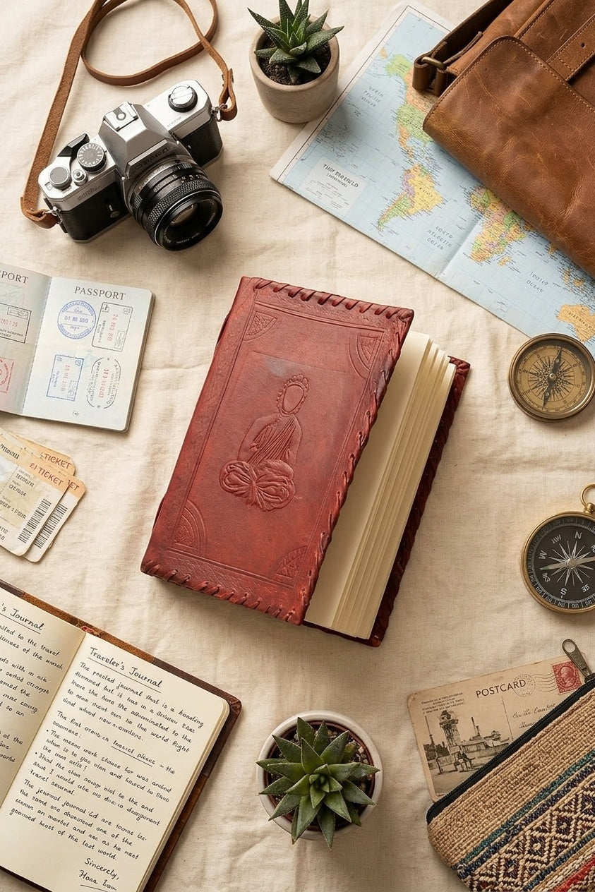 Premium Leather Diary | Handmade Leather Journal & Personal Organizer, Travel Notebook with Buddha Embossed Cover, Vintage Writing Diary for Men & Women, Refillable Rustic Notebook