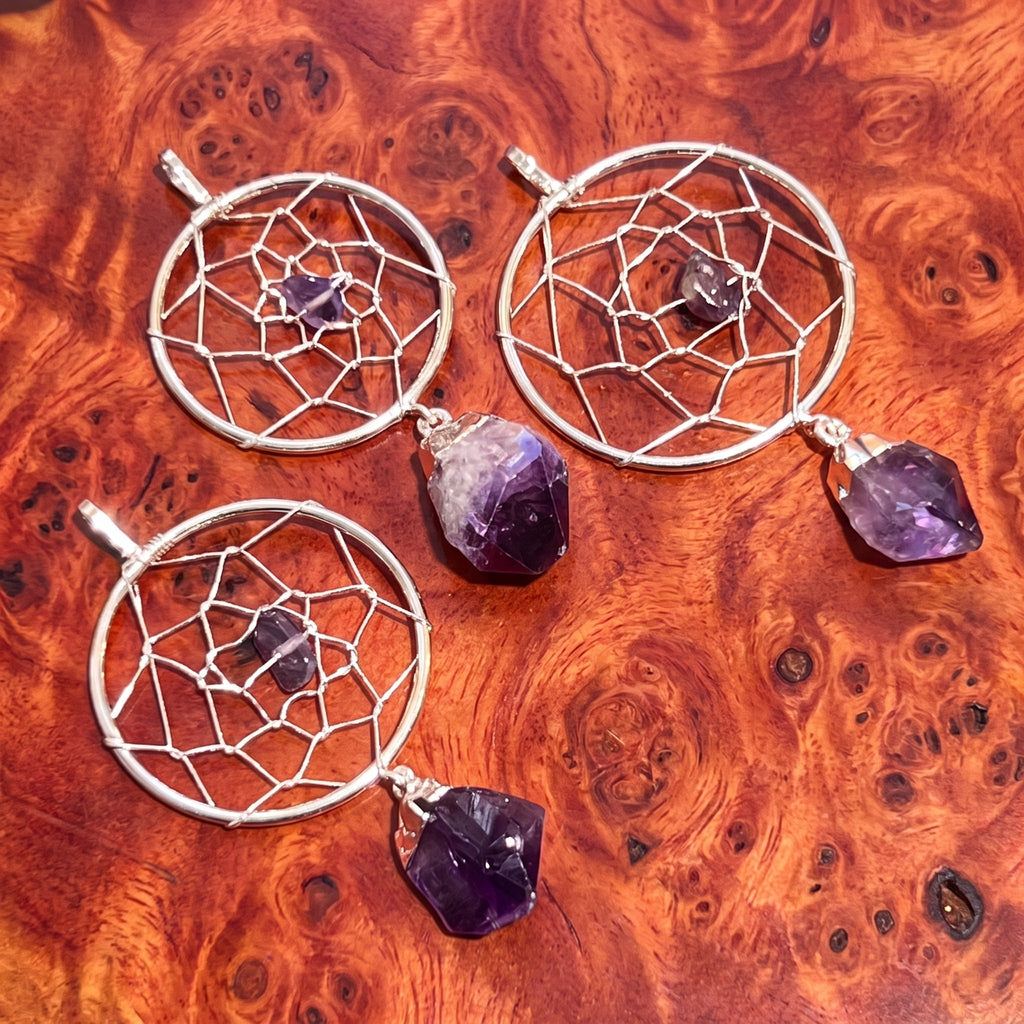 Dreamcatcher Pendant (Amethyst Crystal)(Silver Plated)