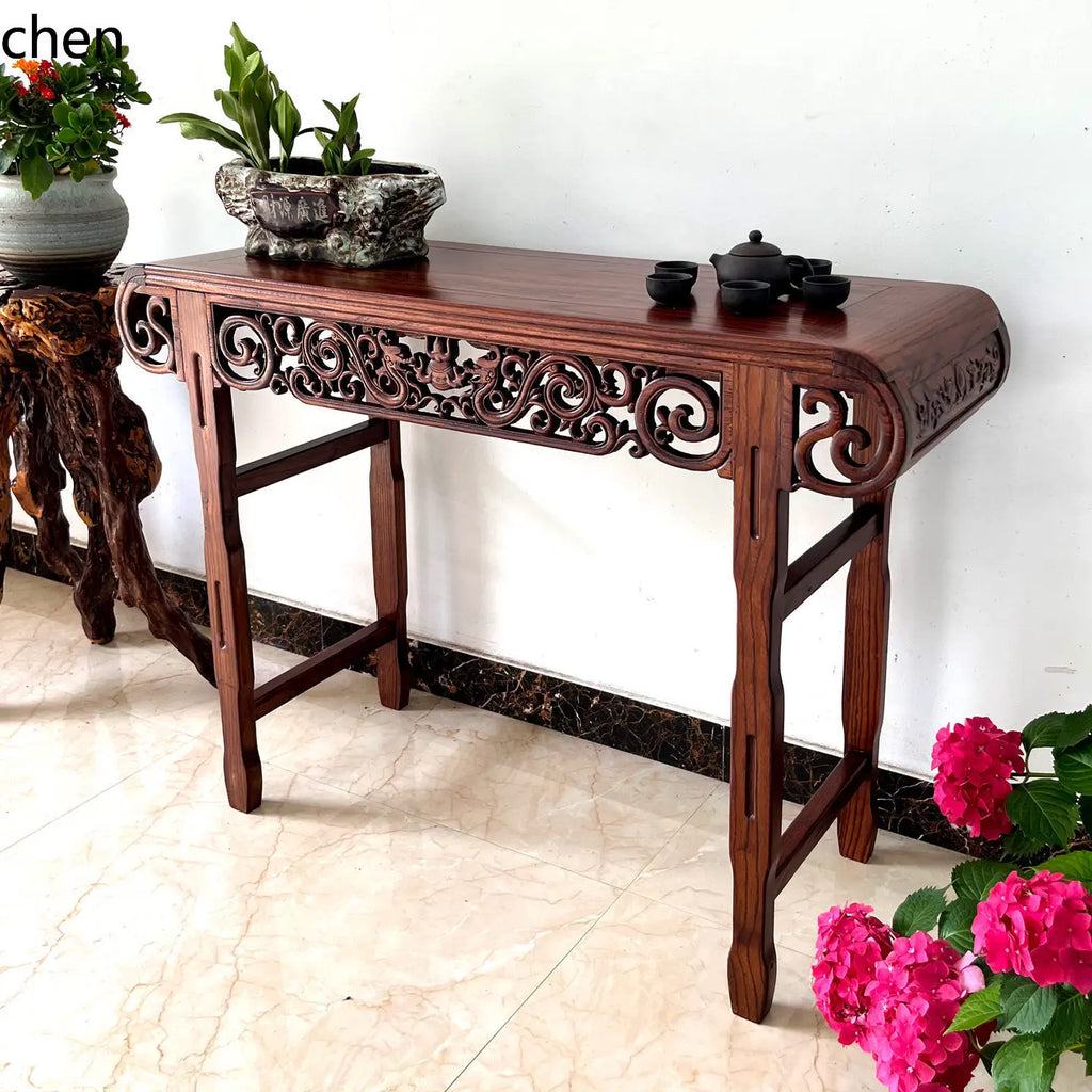 Solid Wood Guqin Console Table – Scroll-Head Altar Table