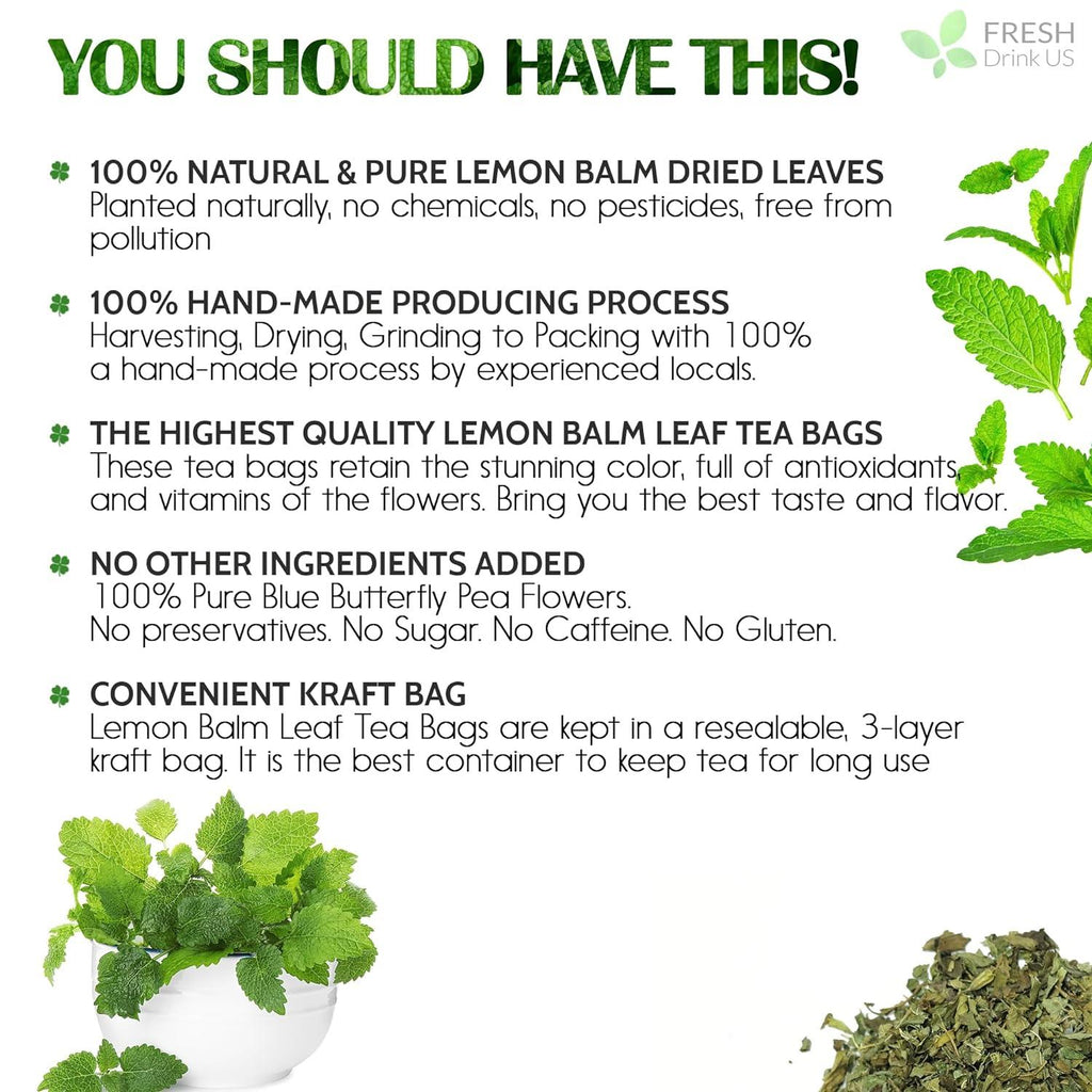 Premium Lemon Balm Leaf Tea Bags, 100% Natural & Pure from Lemon Balm Leaves. Loose Leaf Lemon Balm Herbal Tea. Lemon Balm Leaf Tea. No Sugar, No Caffeine, No Gluten, Vegan.