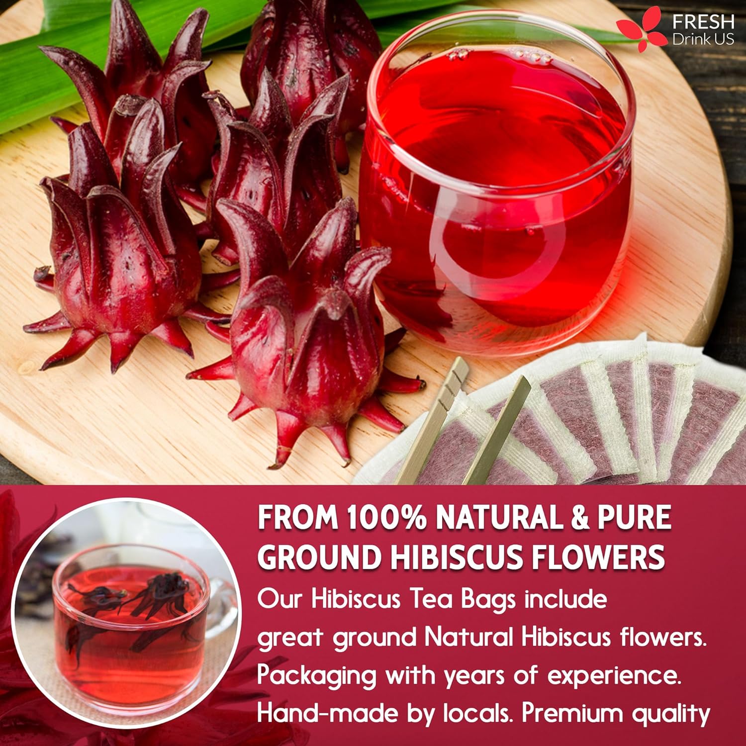 Hibiscus Dried Flowers, Tea Bags, 100% Natural, Pure from Hibiscus Flowers. Loose Flower Hibiscus Herbal Tea. Hibiscus Flower Tea. No Sugar, No Caffeine, No Gluten, Vegan.