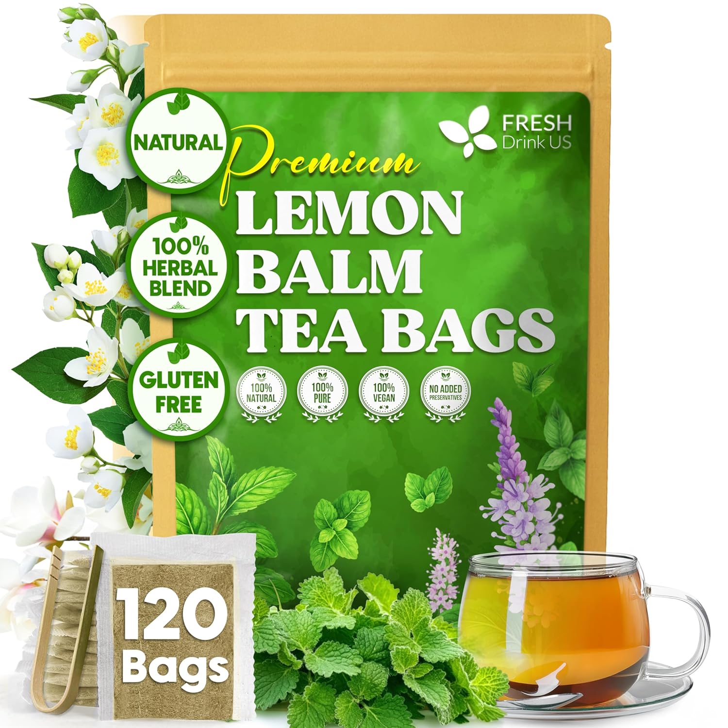 Premium Lemon Balm Leaf Tea Bags, 100% Natural & Pure from Lemon Balm Leaves. Loose Leaf Lemon Balm Herbal Tea. Lemon Balm Leaf Tea. No Sugar, No Caffeine, No Gluten, Vegan.