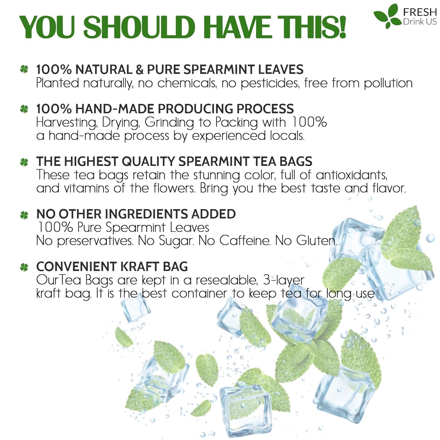 Spearmint Tea Bags, 100% Natural & Pure Spearmint Leaves. Loose Leaf Spearmint Herbal Tea. Spearmint Leaf Tea. No Sugar, No Caffeine, No Gluten, Vegan.