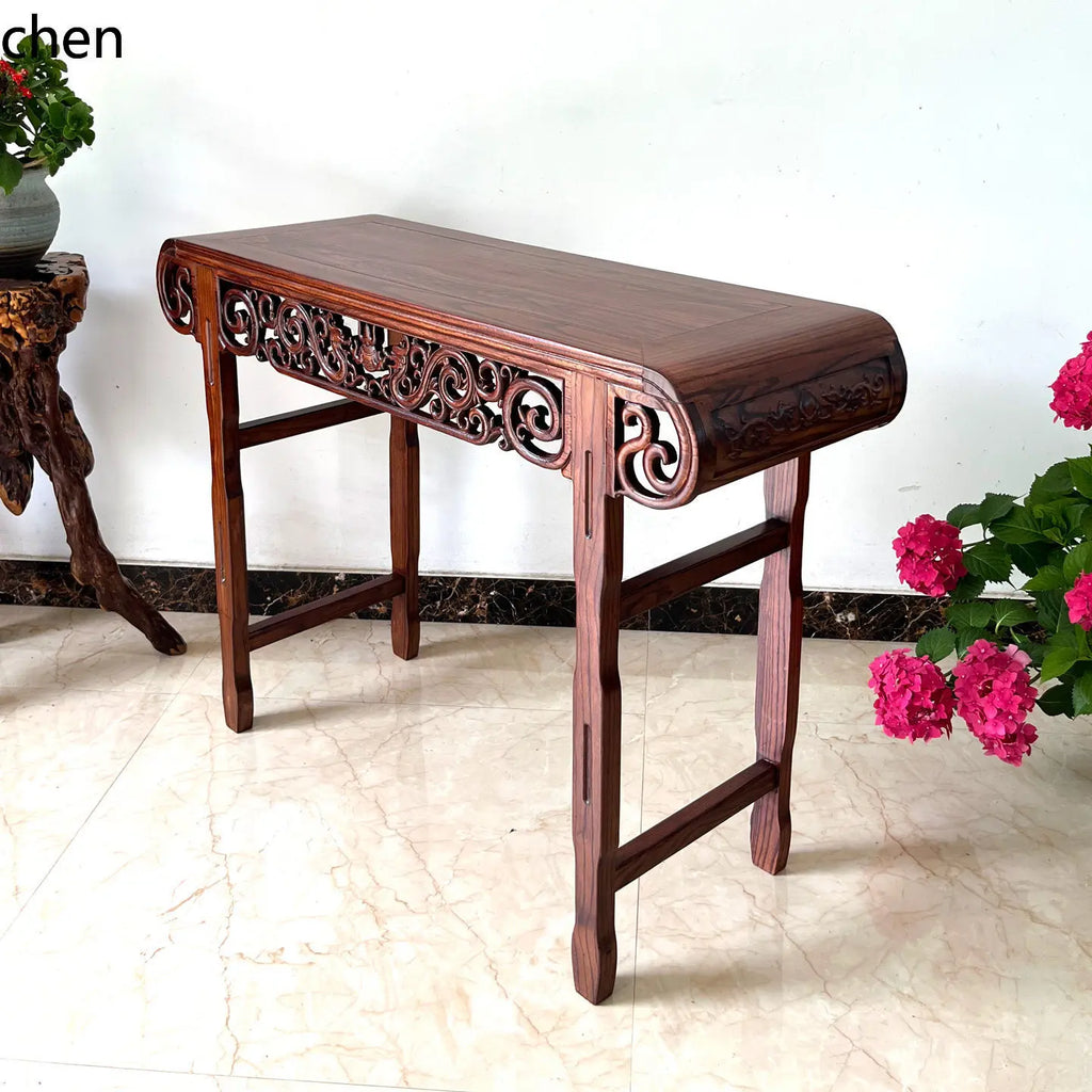 Solid Wood Guqin Console Table – Scroll-Head Altar Table
