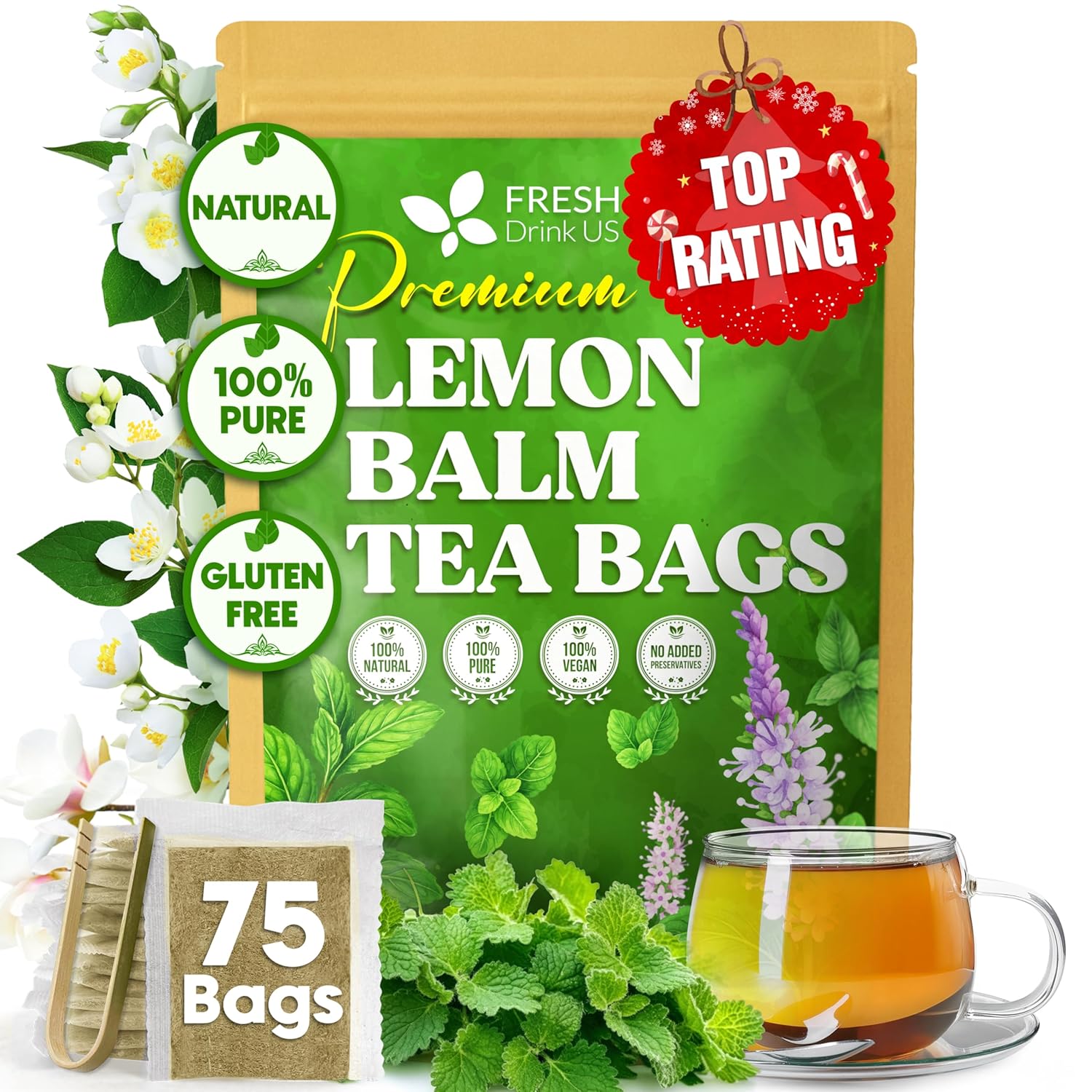 Premium Lemon Balm Leaf Tea Bags, 100% Natural & Pure from Lemon Balm Leaves. Loose Leaf Lemon Balm Herbal Tea. Lemon Balm Leaf Tea. No Sugar, No Caffeine, No Gluten, Vegan.