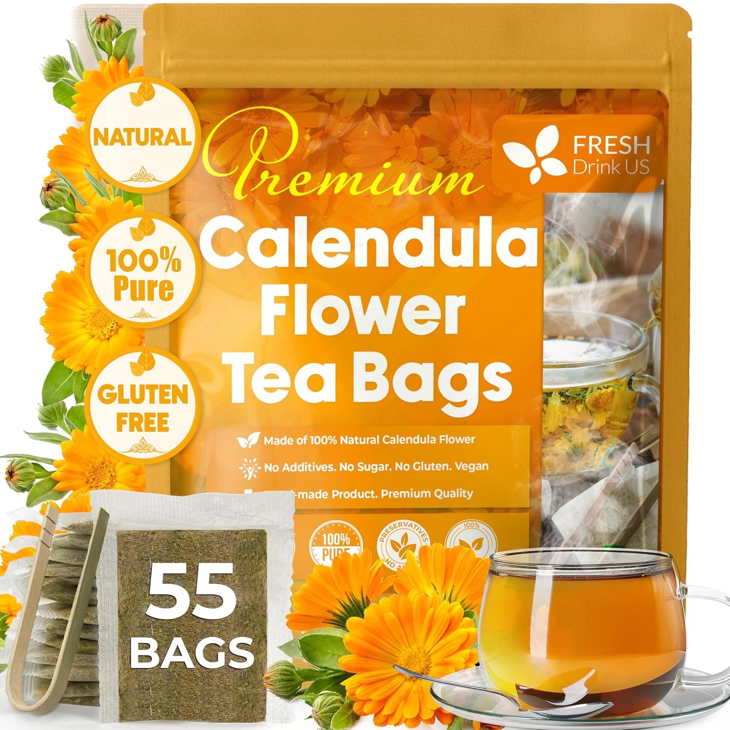 Calendula Tea Bags, 100% Natural and Pure Calendula Flowers, Eco-conscious Tea Bags. Calendula Flower Herbal Tea. No Sugar, No Caffeine, No Gluten, Vegan.