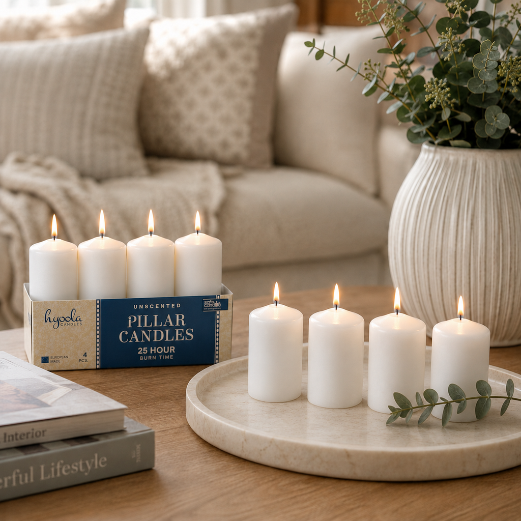 White Pillar Candles - 2" x 4" 4 Pack 25 Hour Burn Time, Dripless & Unscented, European Made