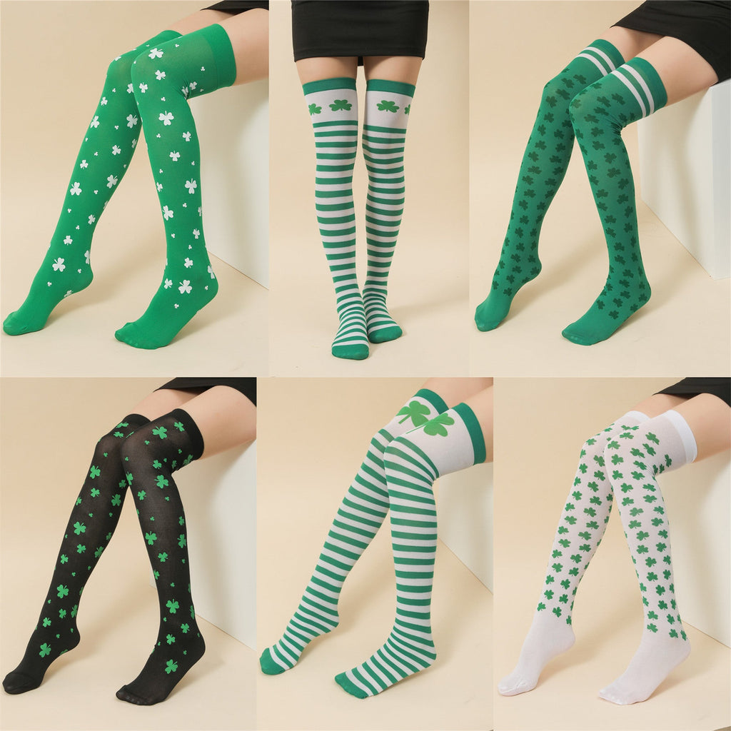 Irish Festival Green Trefoil Stockings Over the Knee Socks St Patrick's Day Party Striped Socks