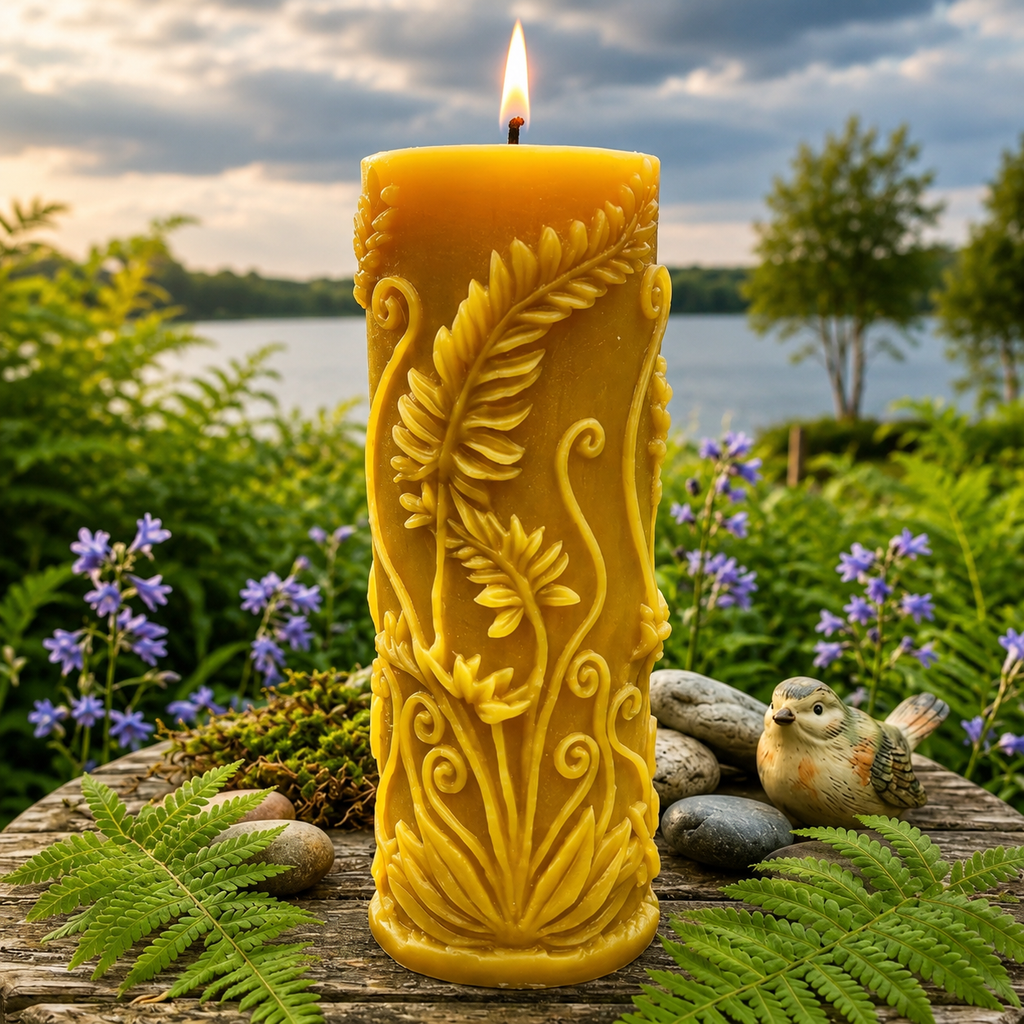 Fern Pillar Beeswax Candle in Yellow or White