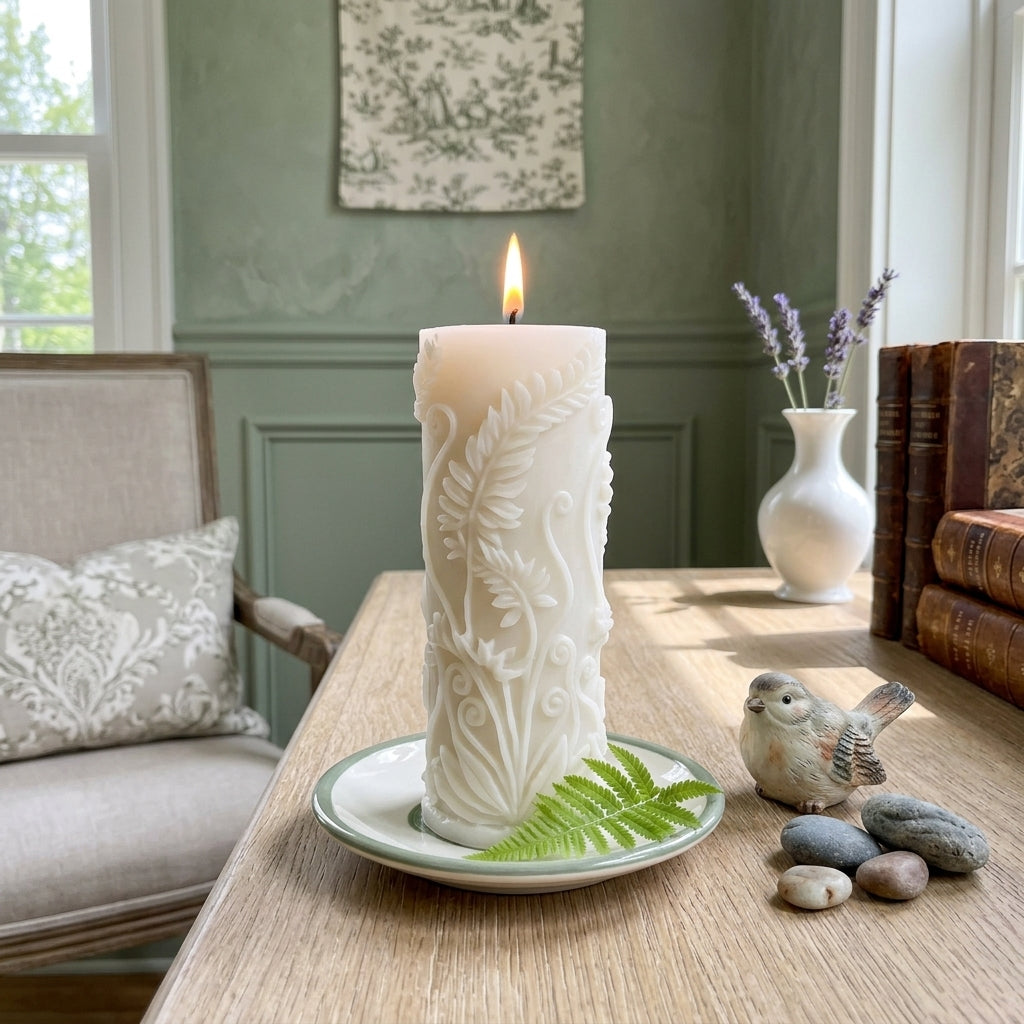 Fern Pillar Beeswax Candle in Yellow or White