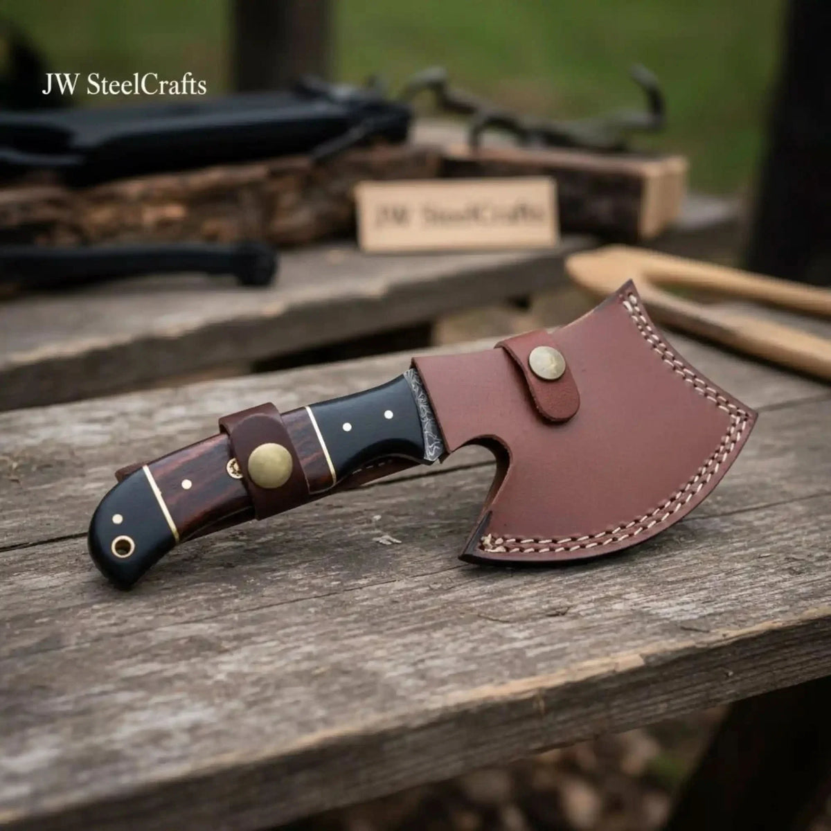 Kaelwyn Damascus Cleaver Hatchet with Layered Wood Scales