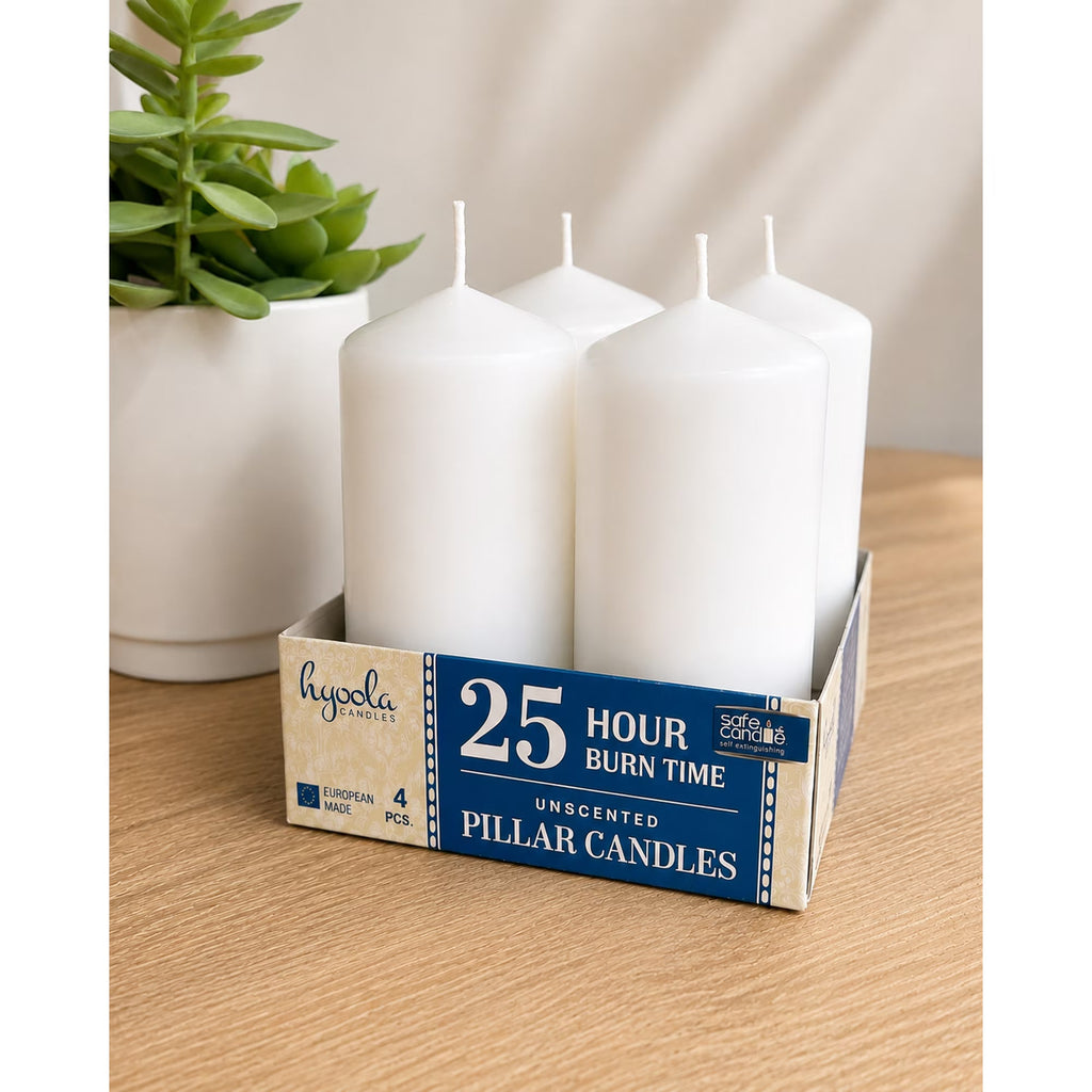 White Pillar Candles - 2" x 4" 4 Pack 25 Hour Burn Time, Dripless & Unscented, European Made