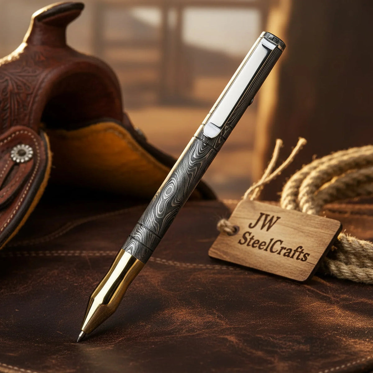 Damascus Twist Executive Pen with Wood Grain Barrel
