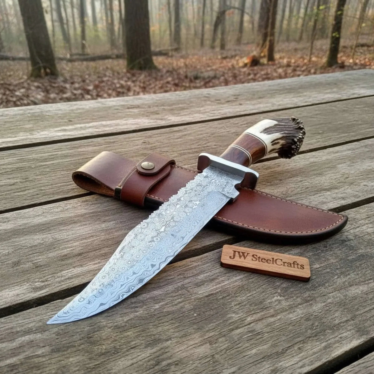 Sheffield Clip Point Bowie Knife with Damascus Steel and Crown Stag