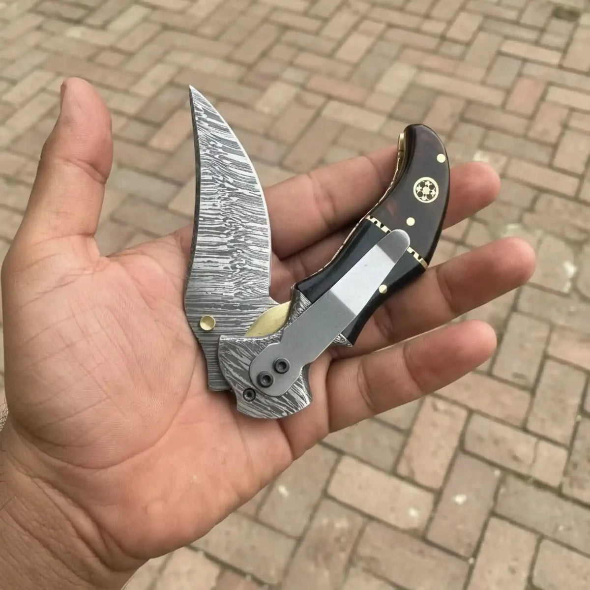 Damascus Recurve Folding Pocket Knife Liner Lock, Black Resin & Wood Handle, Brass Spacer & Pocket Clip