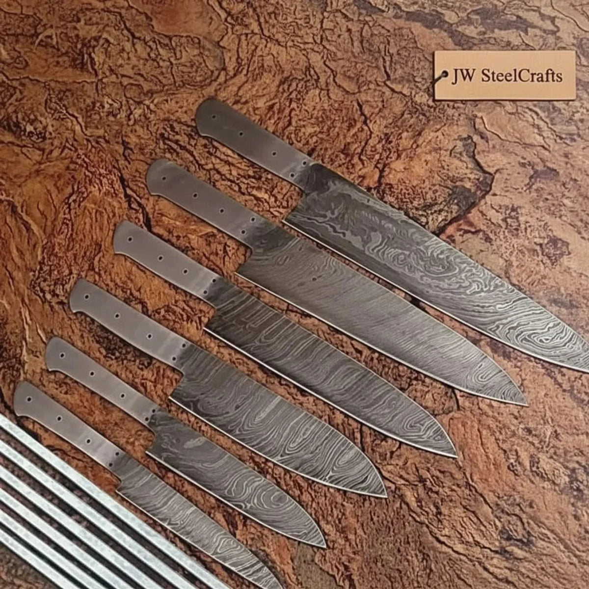 6-Piece Handmade Damascus Chef Knife Blank Set, Forged Steel Blades, Custom Knife Making Supply