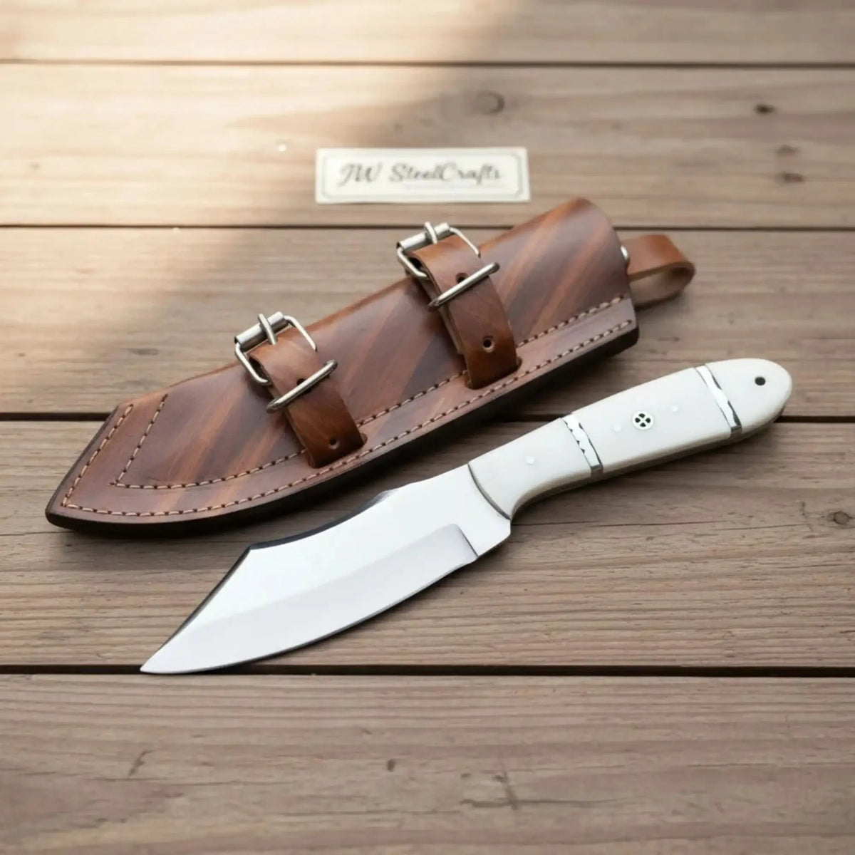 Handmade Carbon Steel Hunting Knife with White Epoxy Resin Handle