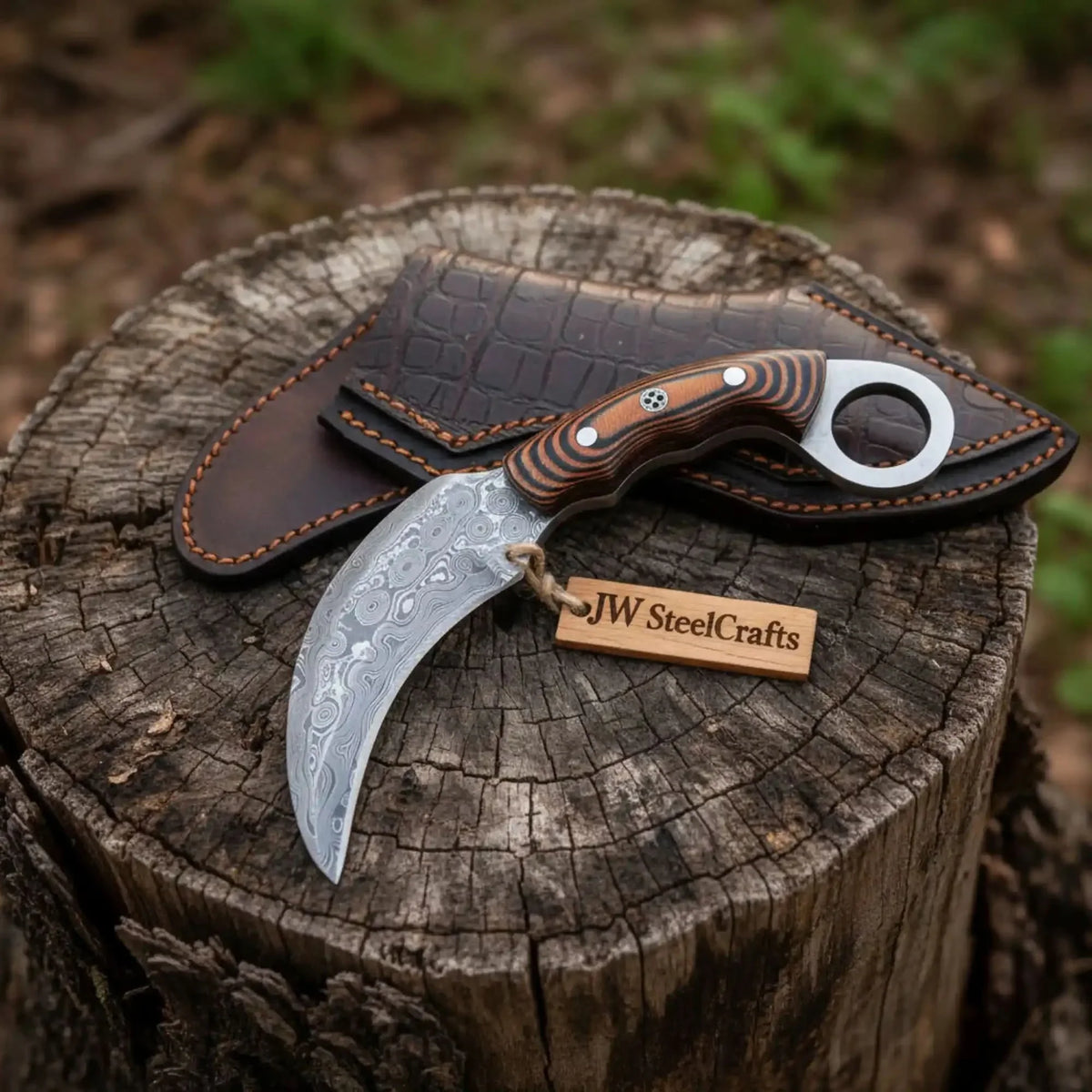 Handmade Damascus Karambit Knife with Multi-Color Micarta Handle