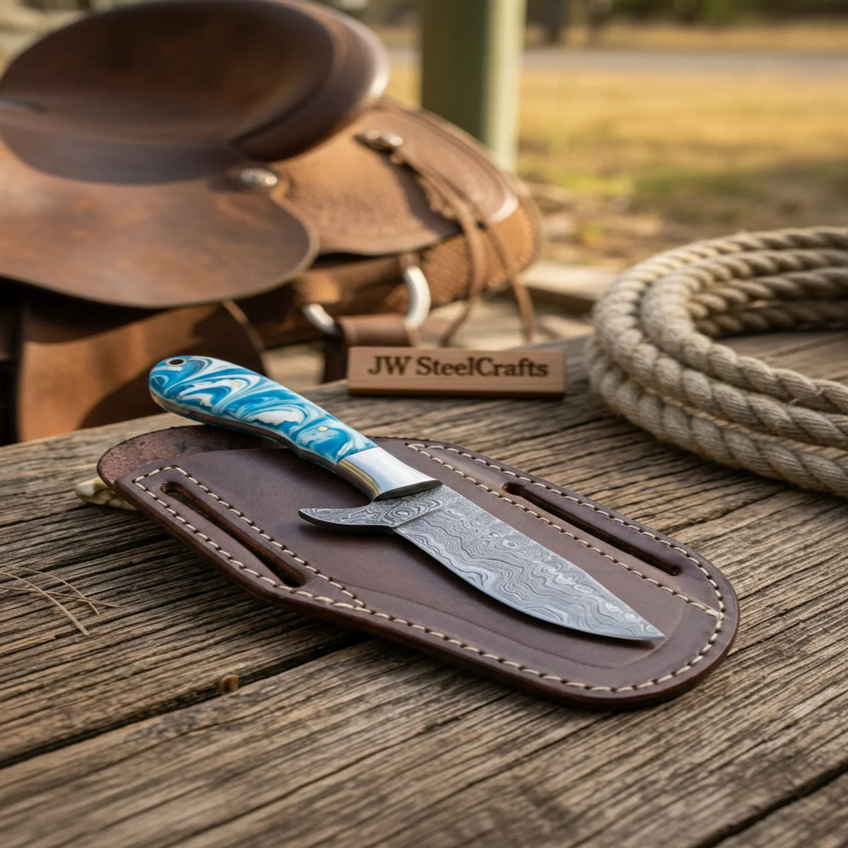 Sub-Hilt Crossdraw Tracker with Blue Swirl Resin Handle