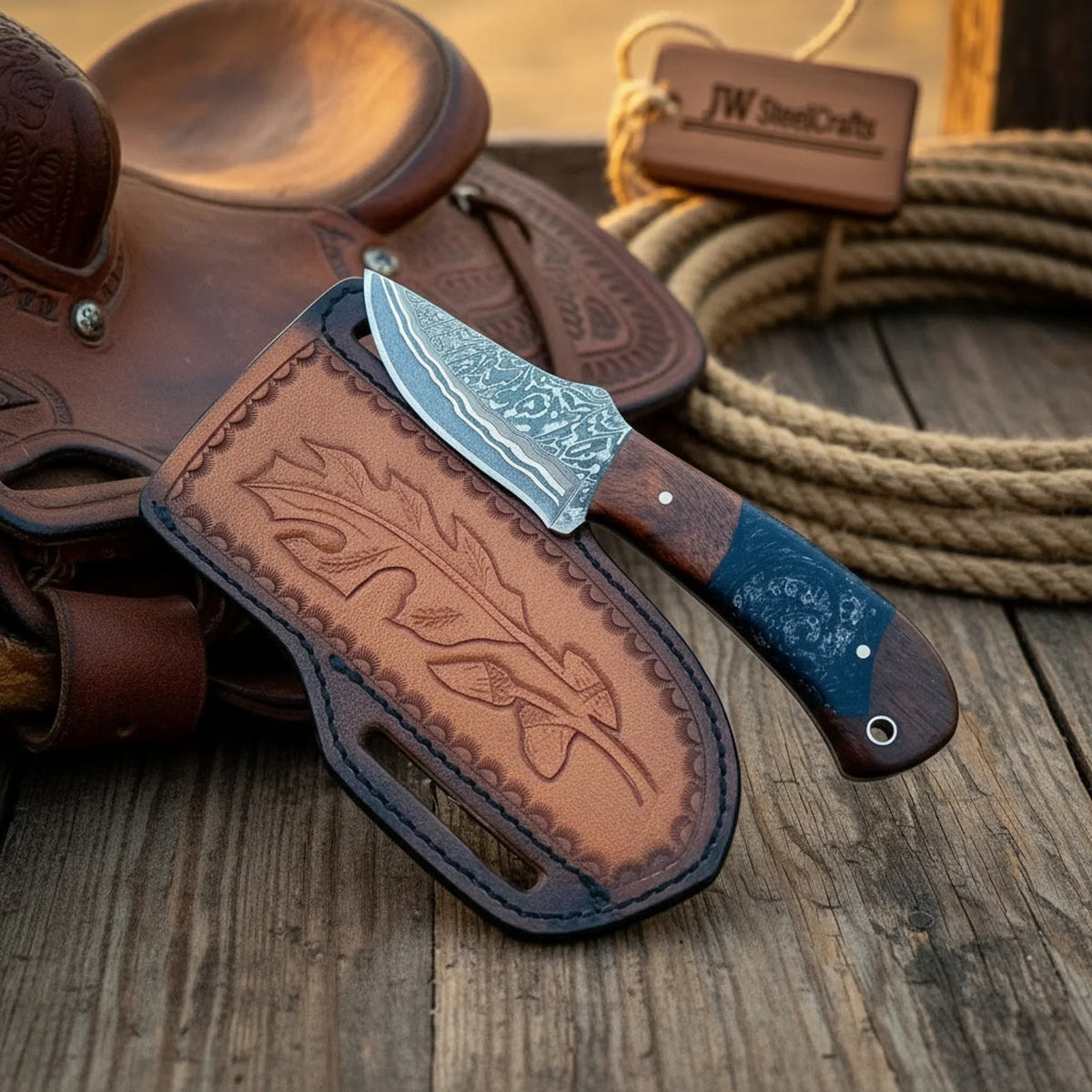 San Mai Damascus Skinner Knife with Wood Resin Handle