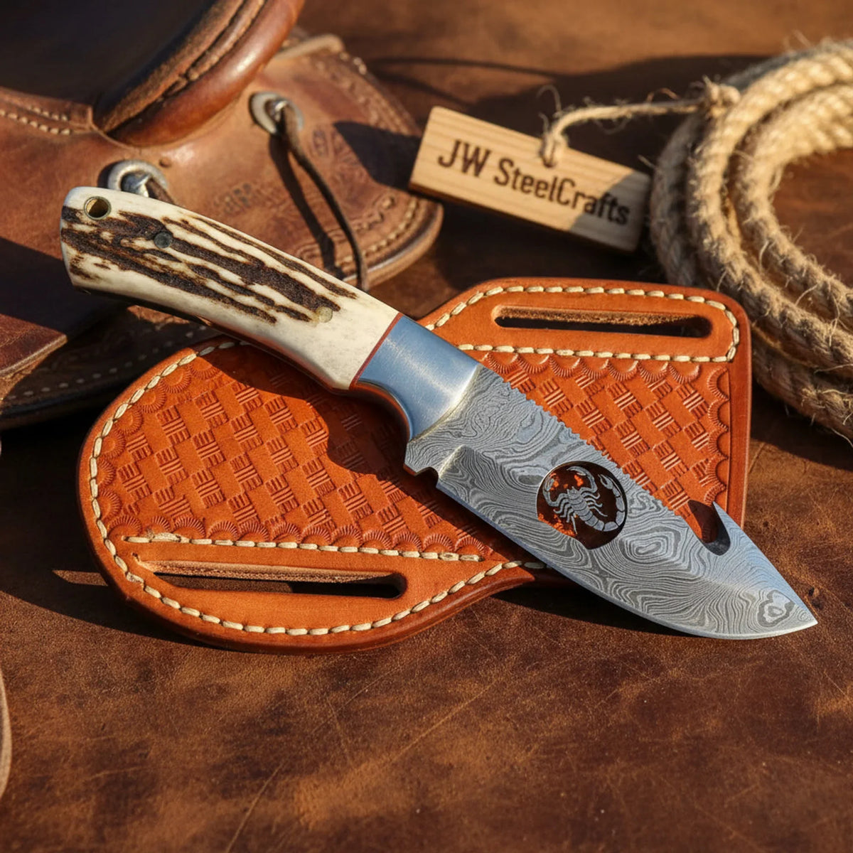 Scorpion Cutout Gut Hook Skinner Knife with Synthetic Stag Handle