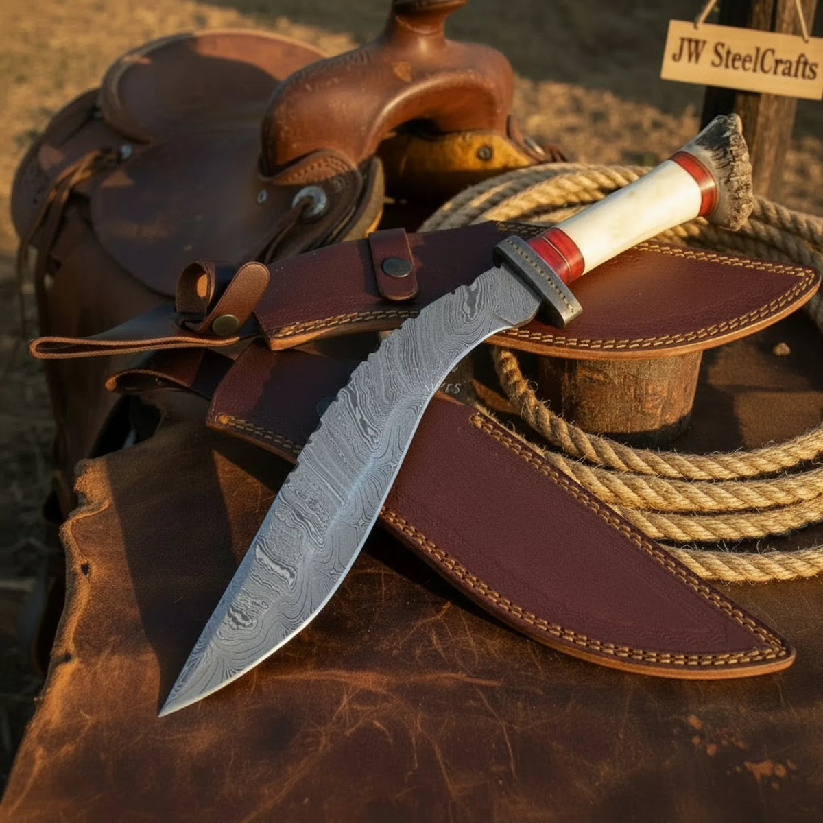 Tundra Ridge Damascus Kukri – Hand-Forged Stag & Bone Hunting Knife by Shard Blade