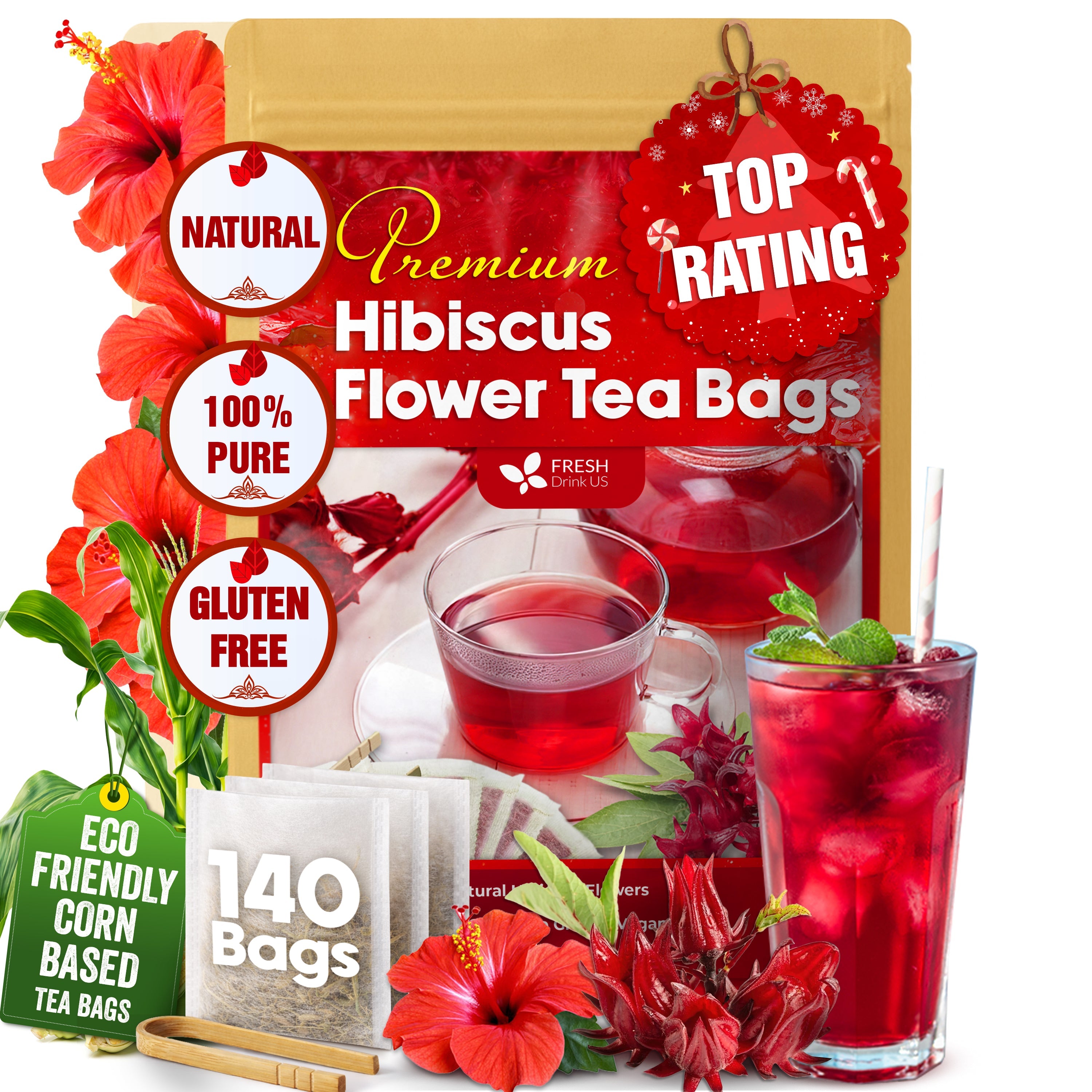 Hibiscus Dried Flowers, Tea Bags, 100% Natural, Pure from Hibiscus Flowers. Loose Flower Hibiscus Herbal Tea. Hibiscus Flower Tea. No Sugar, No Caffeine, No Gluten, Vegan.