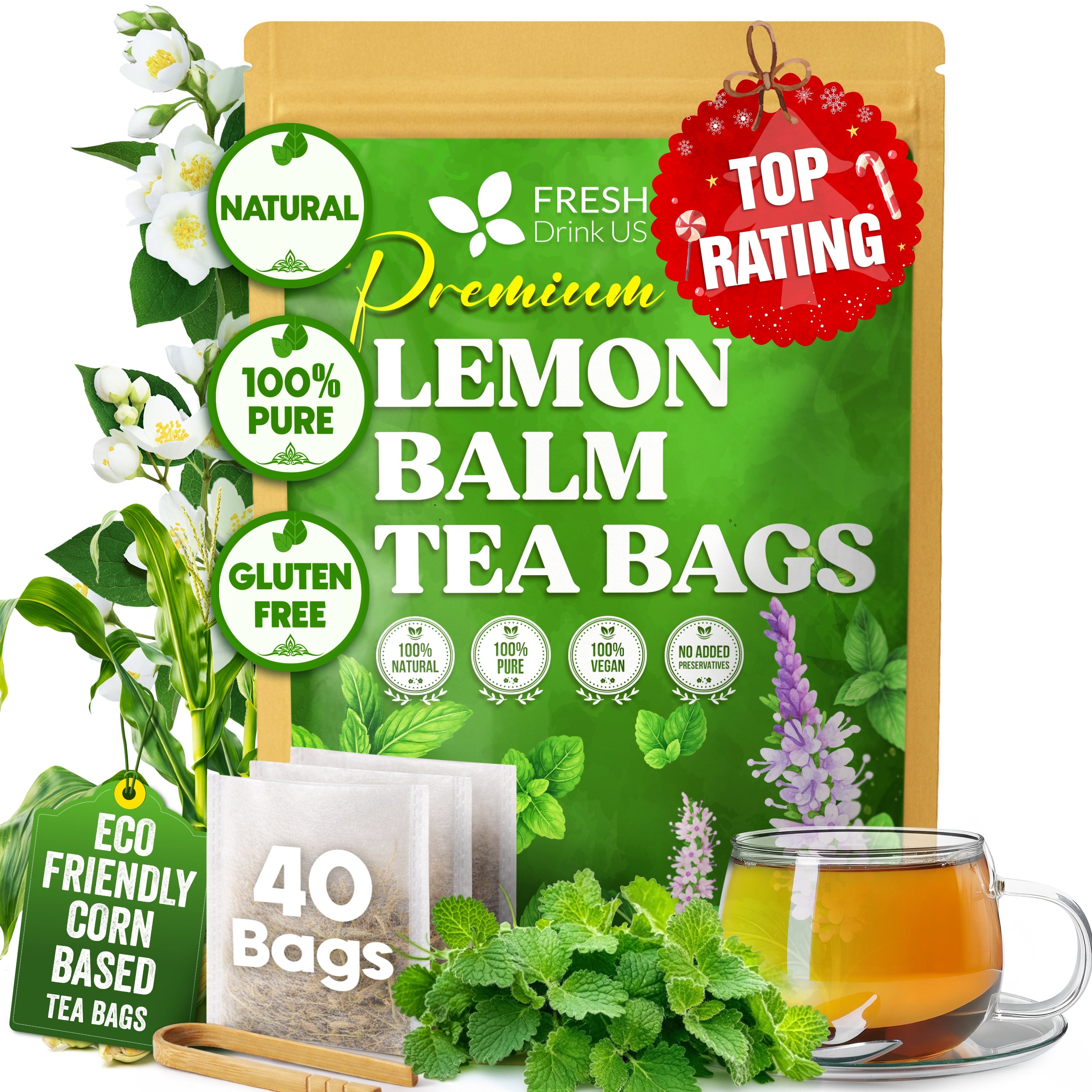 Premium Lemon Balm Leaf Tea Bags, 100% Natural & Pure from Lemon Balm Leaves. Loose Leaf Lemon Balm Herbal Tea. Lemon Balm Leaf Tea. No Sugar, No Caffeine, No Gluten, Vegan.