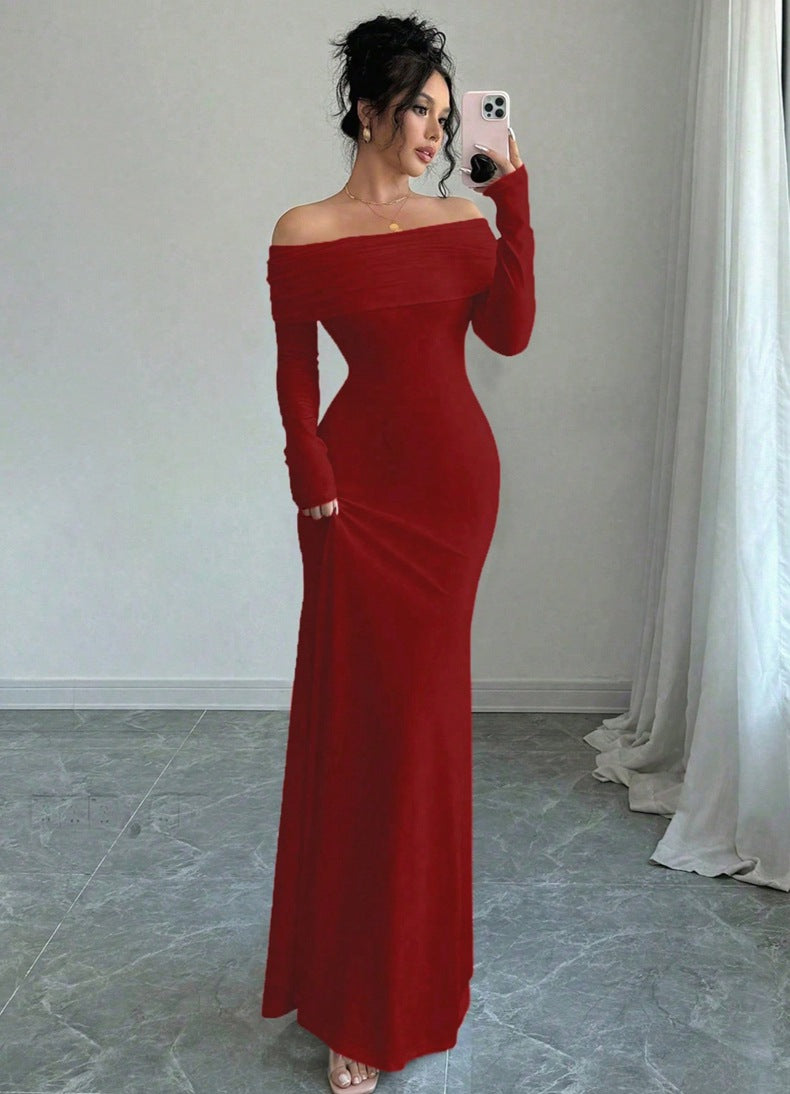 Women Clothing Autumn off Shoulder Four Sided Stretch Dress Tight off Shoulder Long Formal Dress