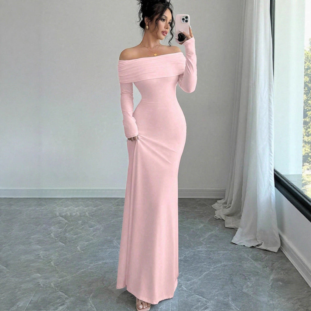 Women Clothing Autumn off Shoulder Four Sided Stretch Dress Tight off Shoulder Long Formal Dress