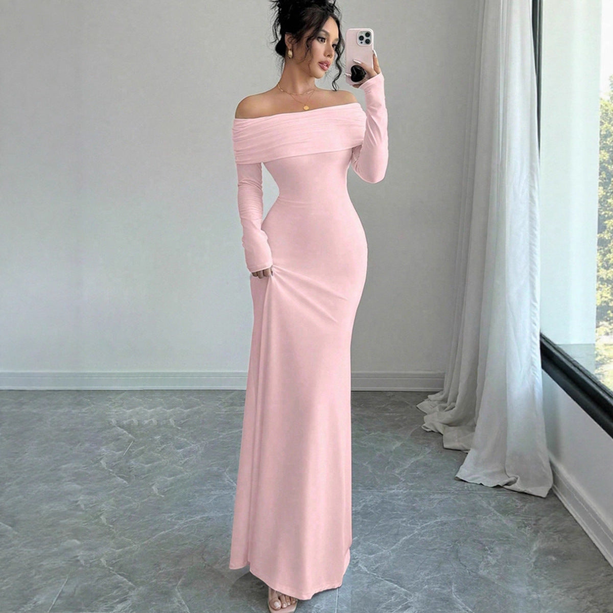 Women Clothing Autumn off Shoulder Four Sided Stretch Dress Tight off Shoulder Long Formal Dress