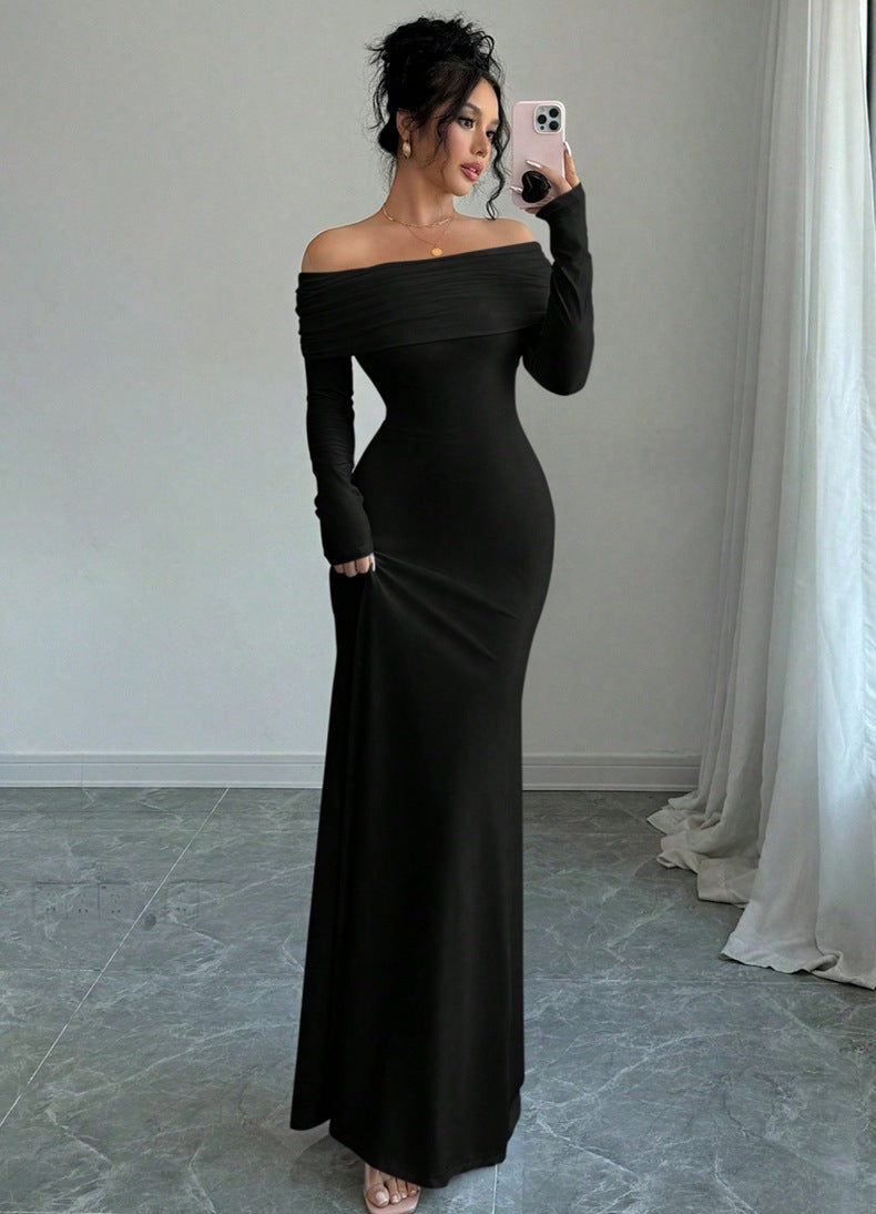 Women Clothing Autumn off Shoulder Four Sided Stretch Dress Tight off Shoulder Long Formal Dress