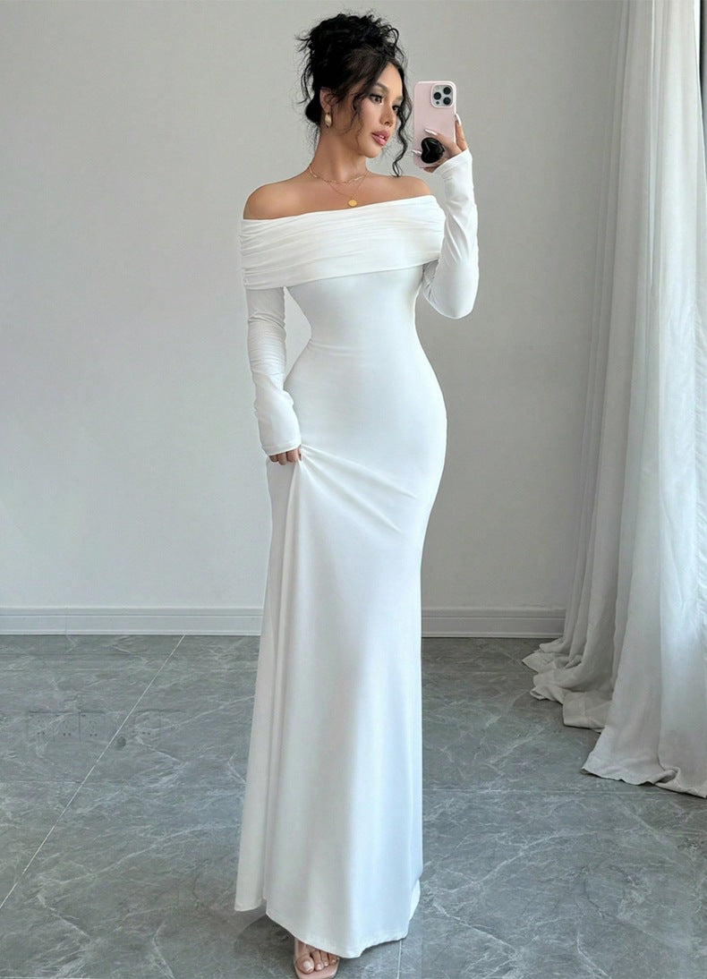 Women Clothing Autumn off Shoulder Four Sided Stretch Dress Tight off Shoulder Long Formal Dress