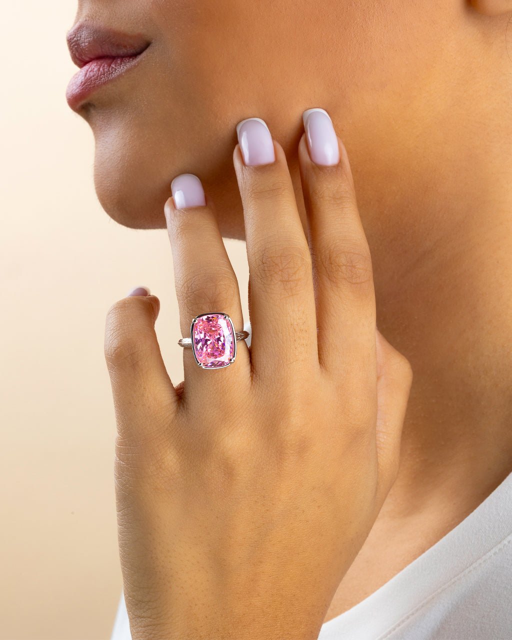 Sterling Silver Elongated Cushion Pink Sapphire CZ Cocktail Ring