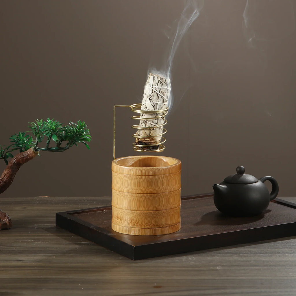 Bamboo Palo Santo Holder Metal Burner Sage Holder with Bamboo Ash Catcher Tray Incense Holder for Meditation Yoga Spa