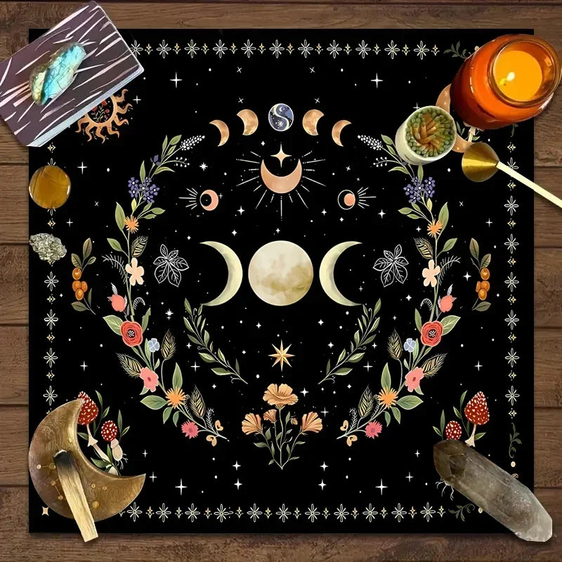 1pc Tarot Tablecloth, Altar Cloth, Moon Phase, Sun, Starry Sky, Flowers, Witchcraft, Altar Ritual Decoration Props