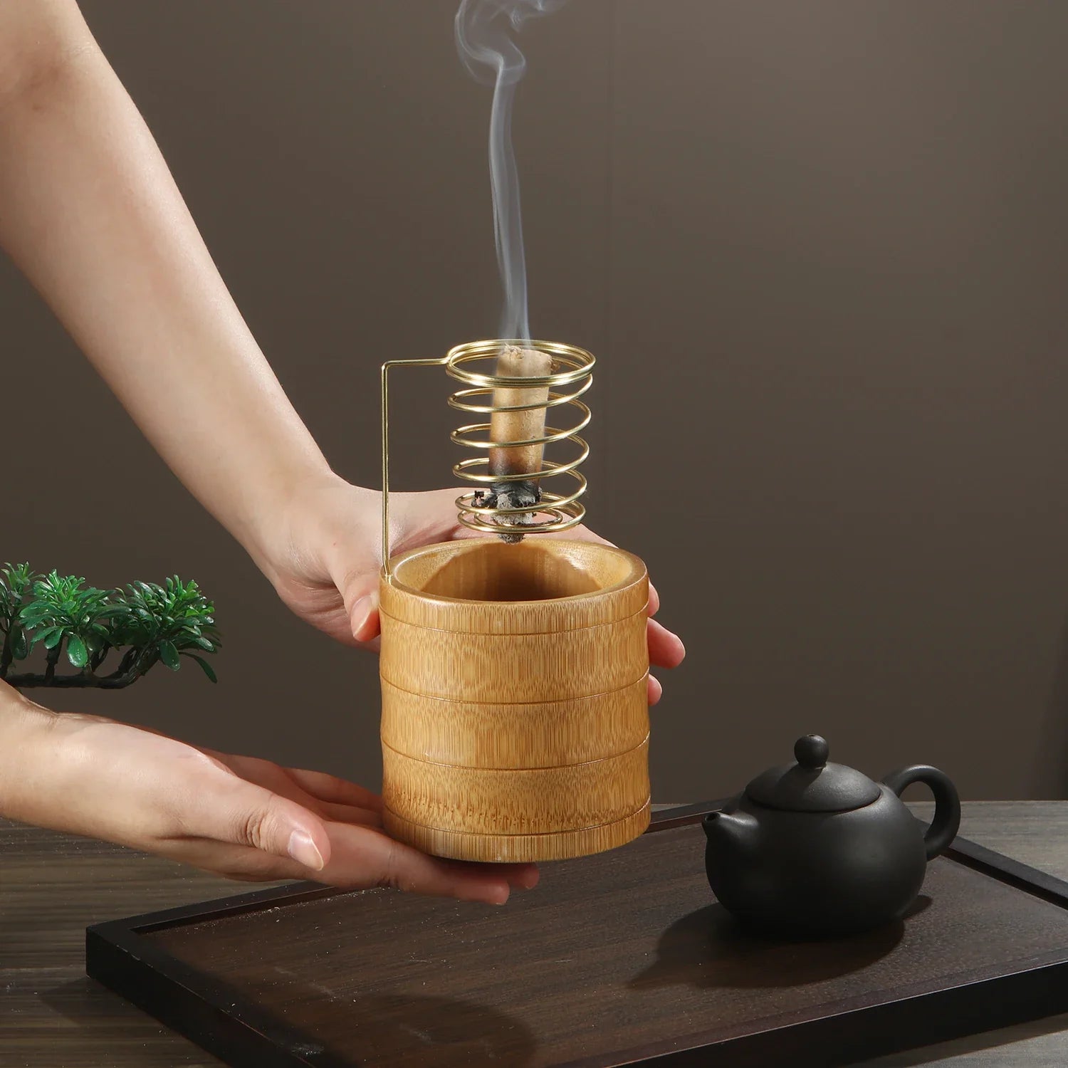 Bamboo Palo Santo Holder Metal Burner Sage Holder with Bamboo Ash Catcher Tray Incense Holder for Meditation Yoga Spa