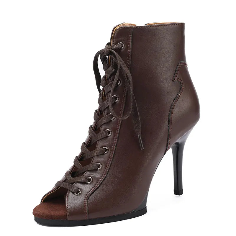 High Quality Customized Brown Latin Dance Shoes Open Toe High Heel Stiletto Boots Slim Heel 11cm Lace Up Dance Boots