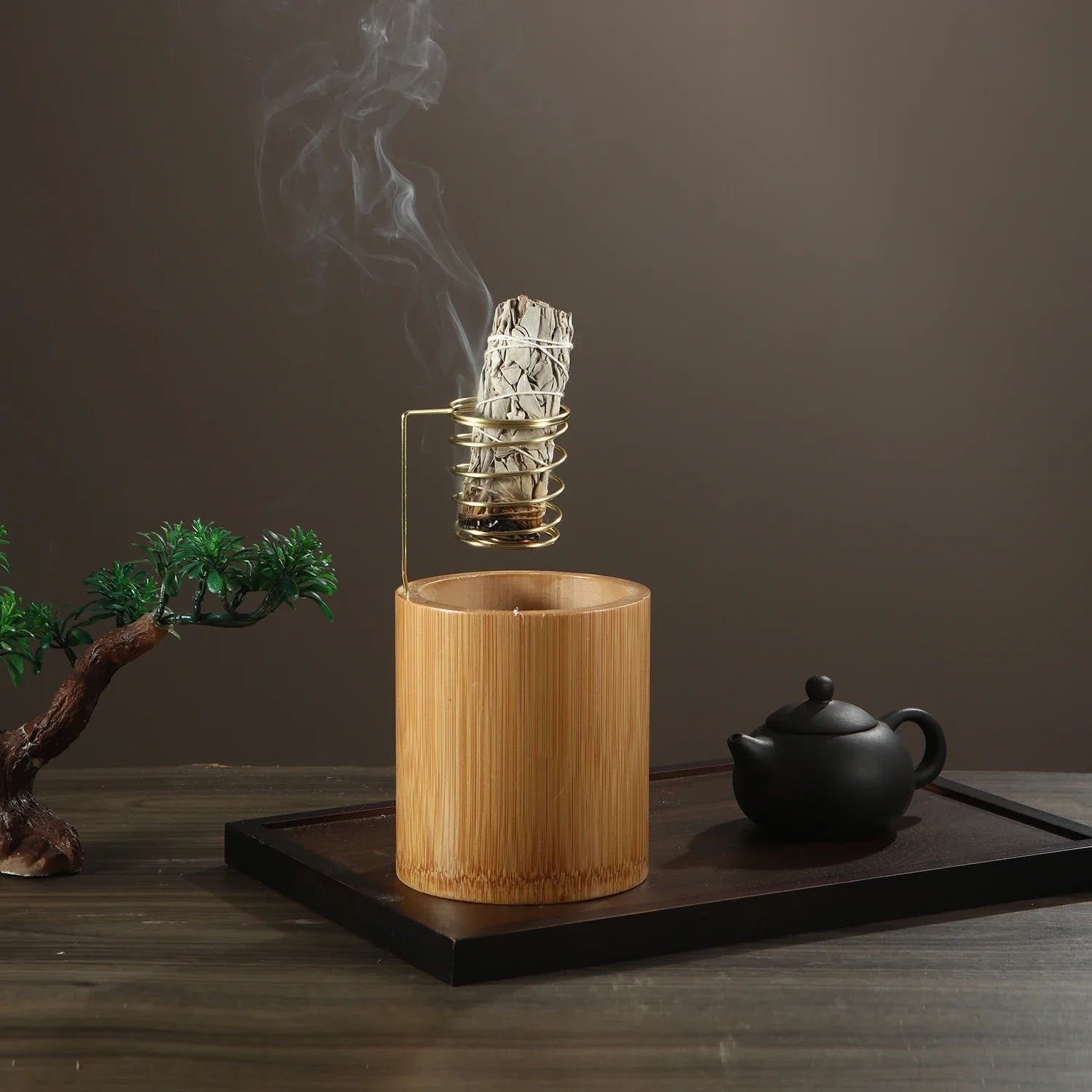 Bamboo Palo Santo Holder Metal Burner Sage Holder with Bamboo Ash Catcher Tray Incense Holder for Meditation Yoga Spa